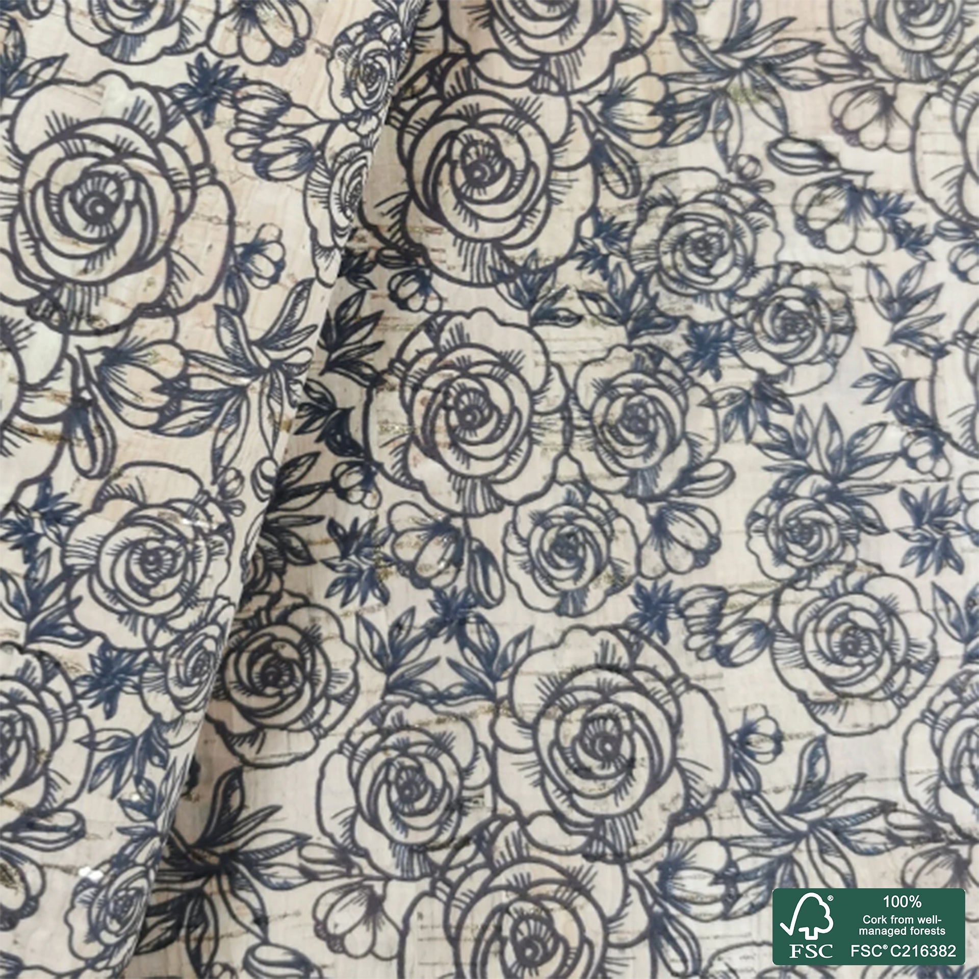 Brown roses printed pattern on natural cork fabric with golden flecks (123)