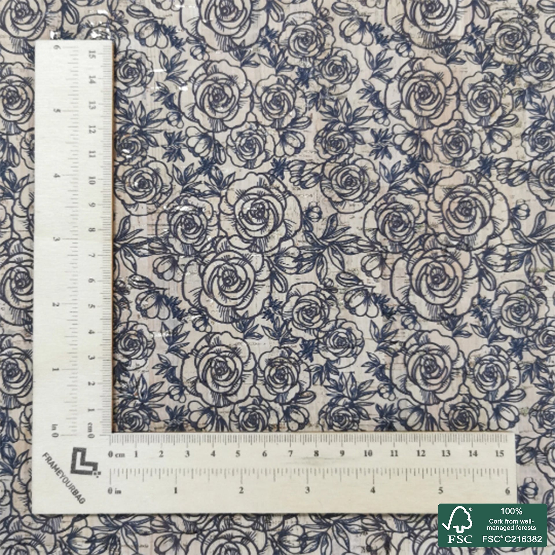 Brown roses printed pattern on natural cork fabric with golden flecks (123)