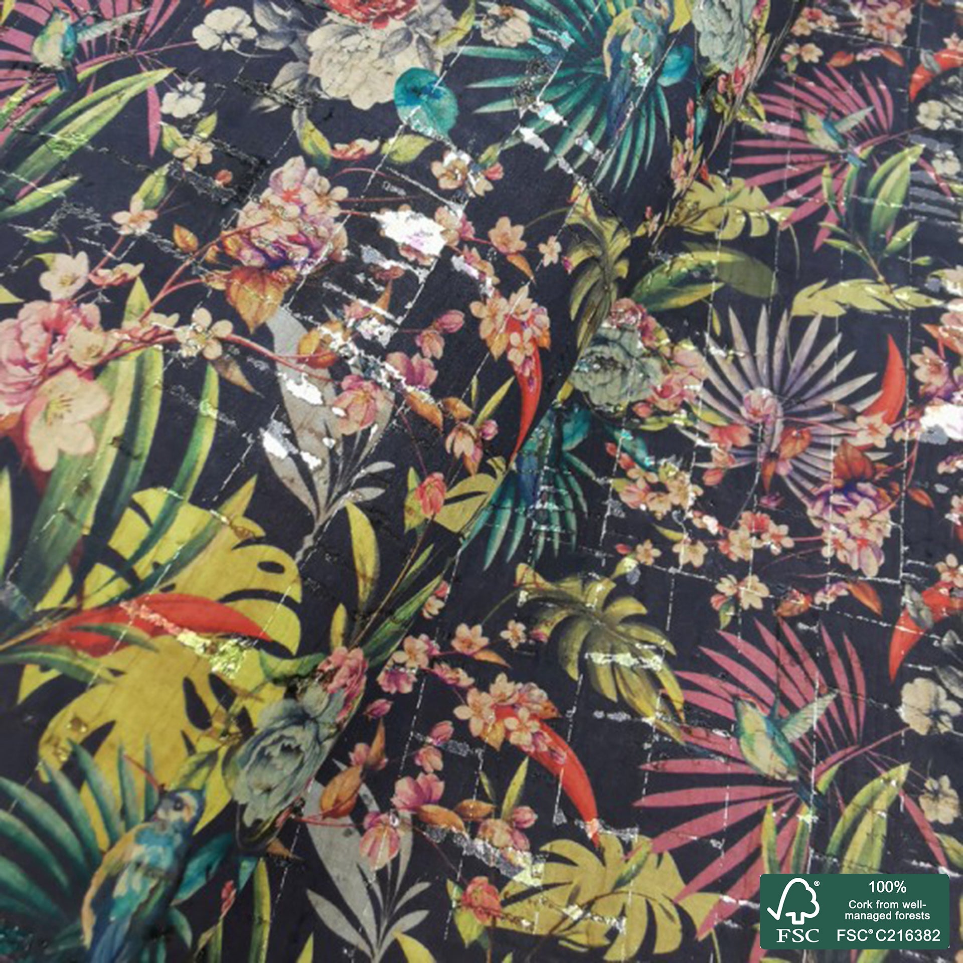 Colorful black forest printed pattern on natural cork fabric with golden flecks (124)