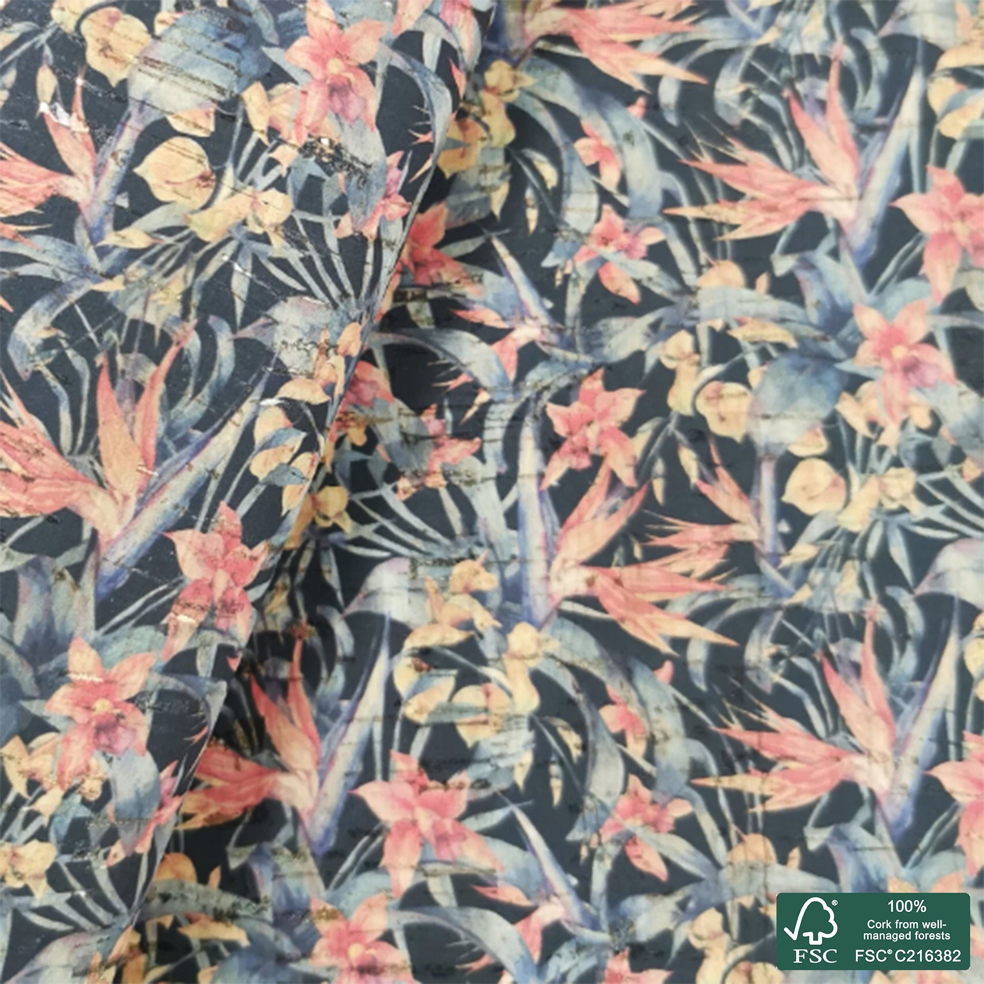 Bird of paradise plant printed pattern on natural cork fabric with golden flecks (125)