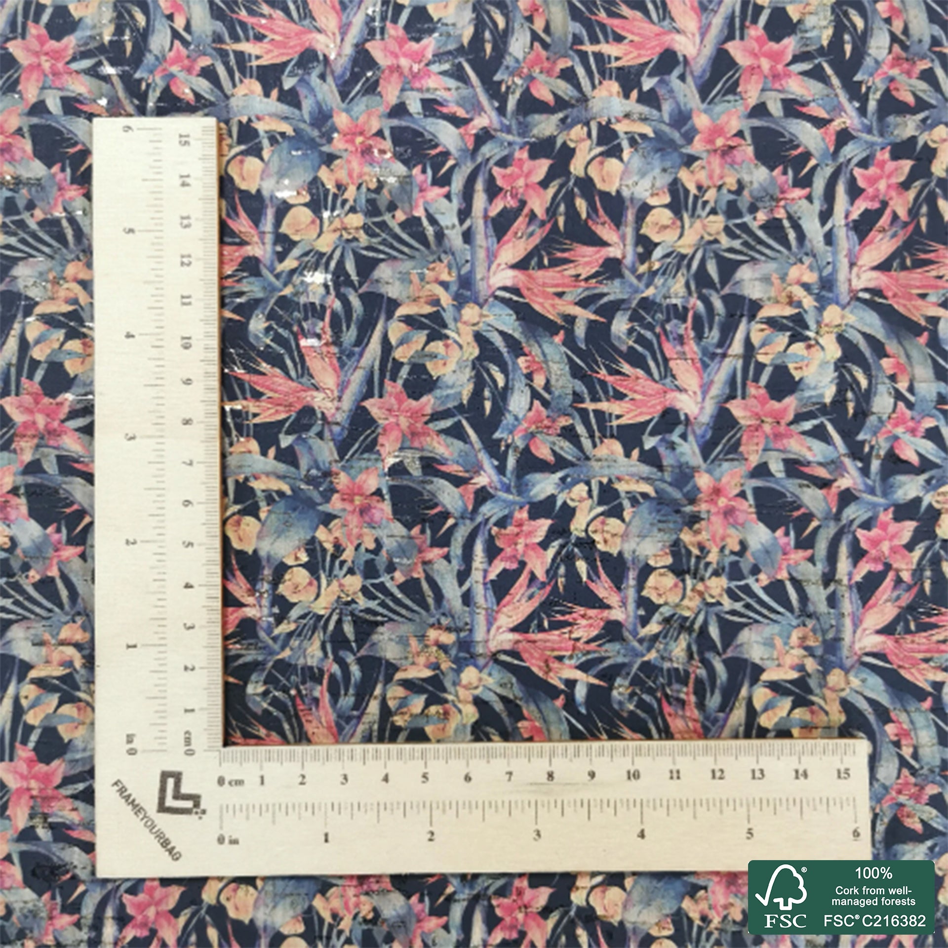 Bird of paradise plant printed pattern on natural cork fabric with golden flecks (125)