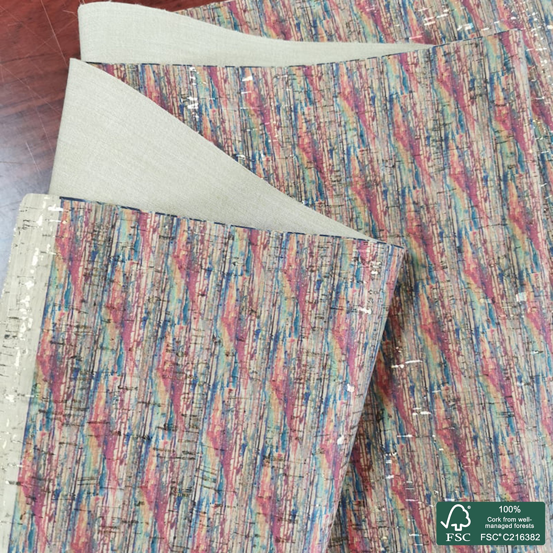 Plaid printed pattern on natural cork fabric with golden flecks (136)