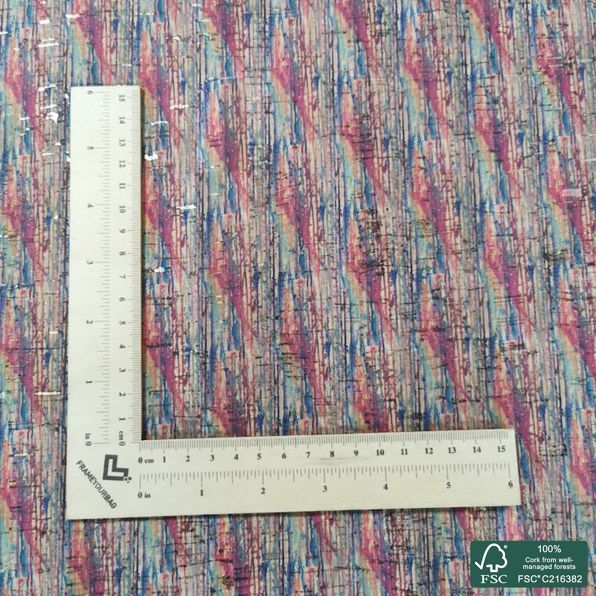 Plaid printed pattern on natural cork fabric with golden flecks (136)