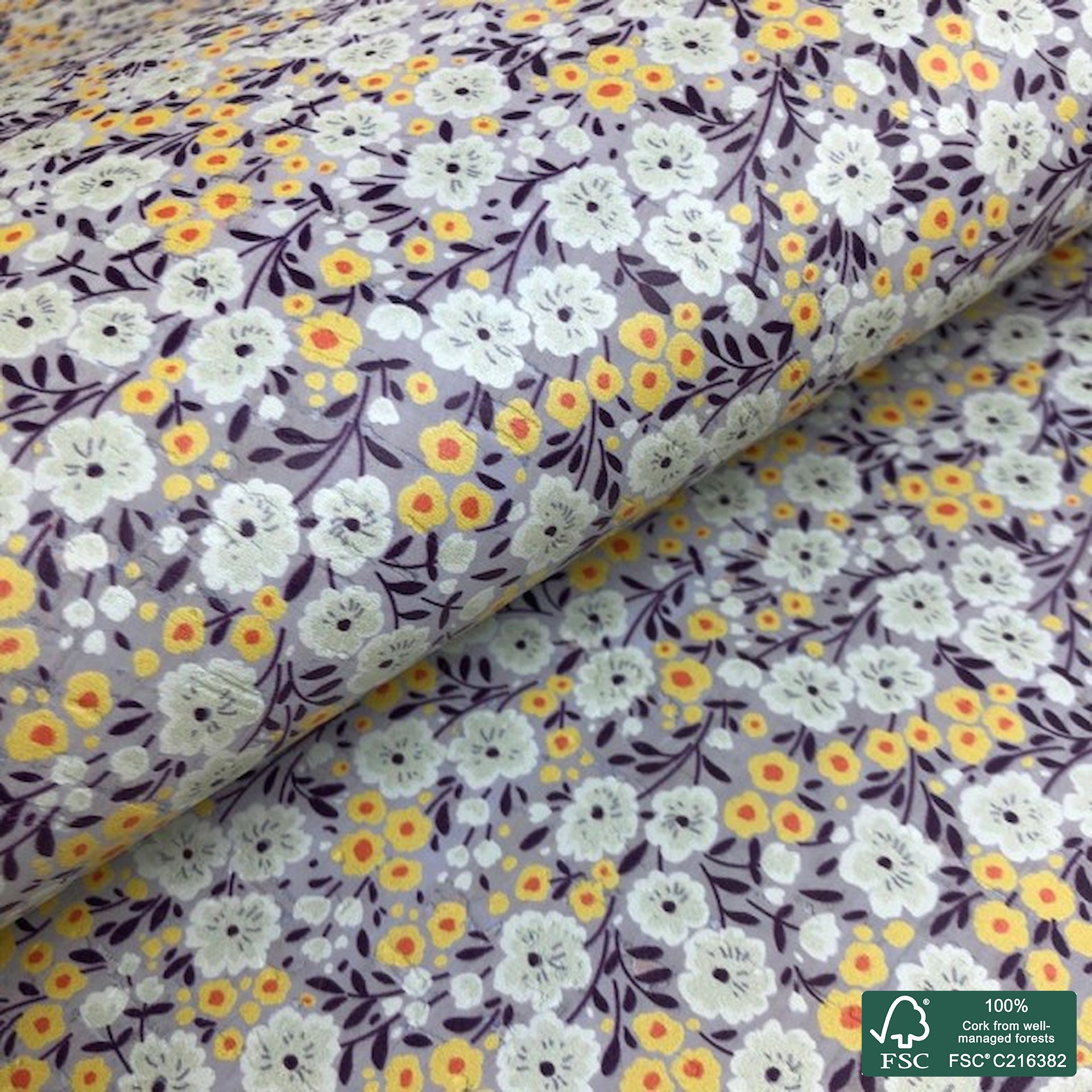 Flowers printed pattern on light gray cork fabric (130)