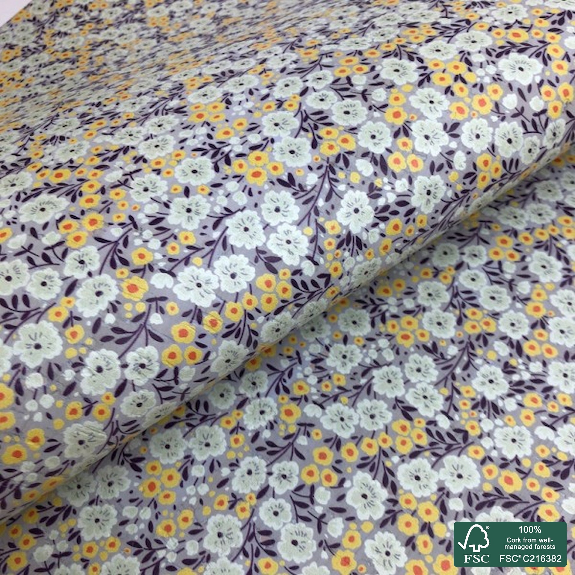 Flowers printed pattern on light gray cork fabric (130)