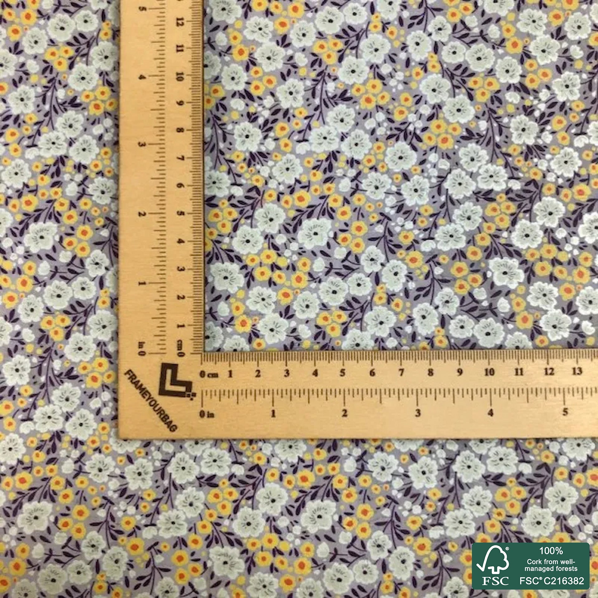 Flowers printed pattern on light gray cork fabric (130)