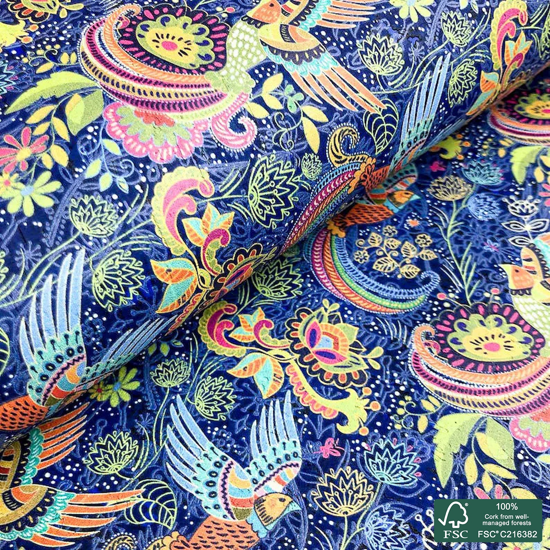 Birds and flowers printed pattern on royal blue cork fabric (131)