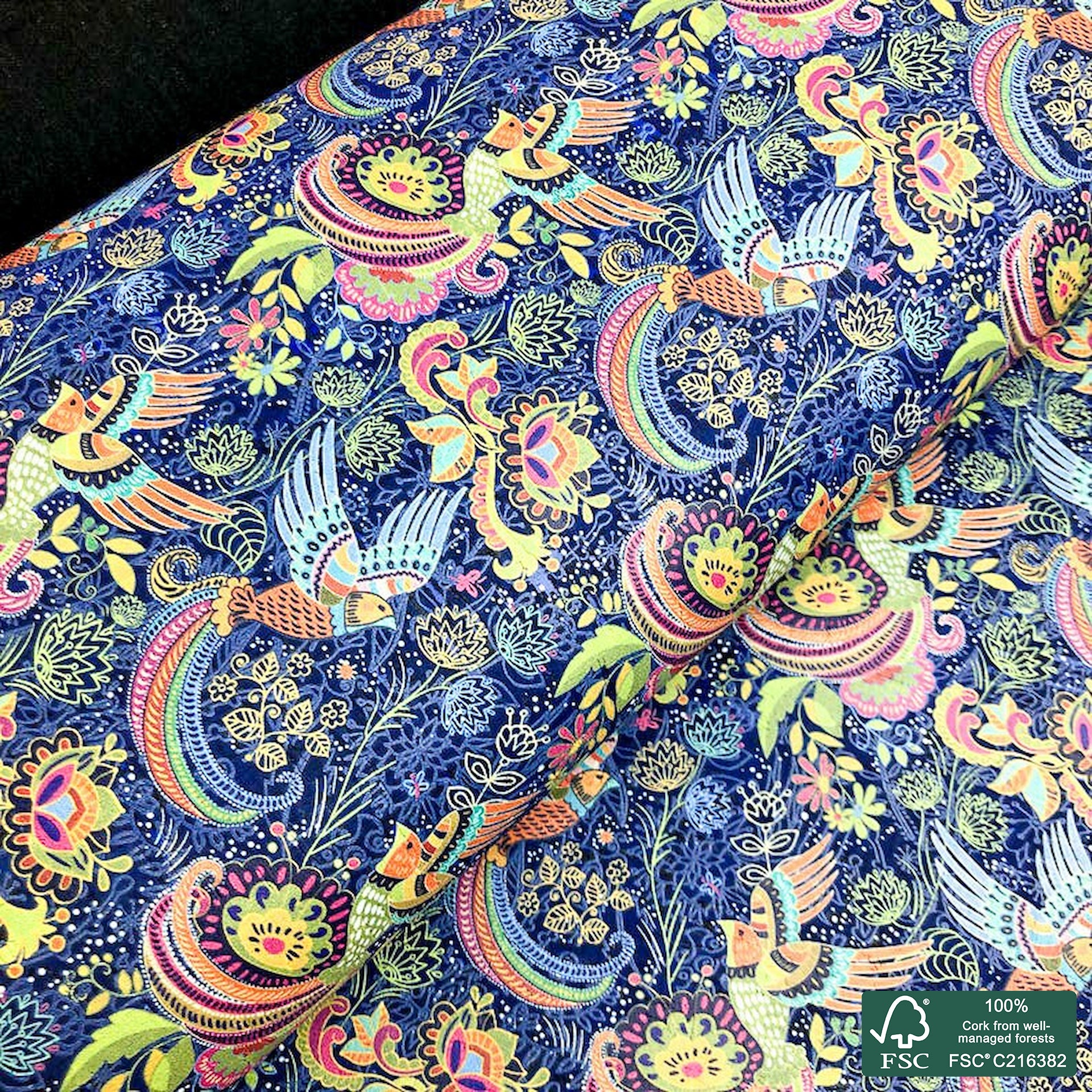 Birds and flowers printed pattern on royal blue cork fabric (131)
