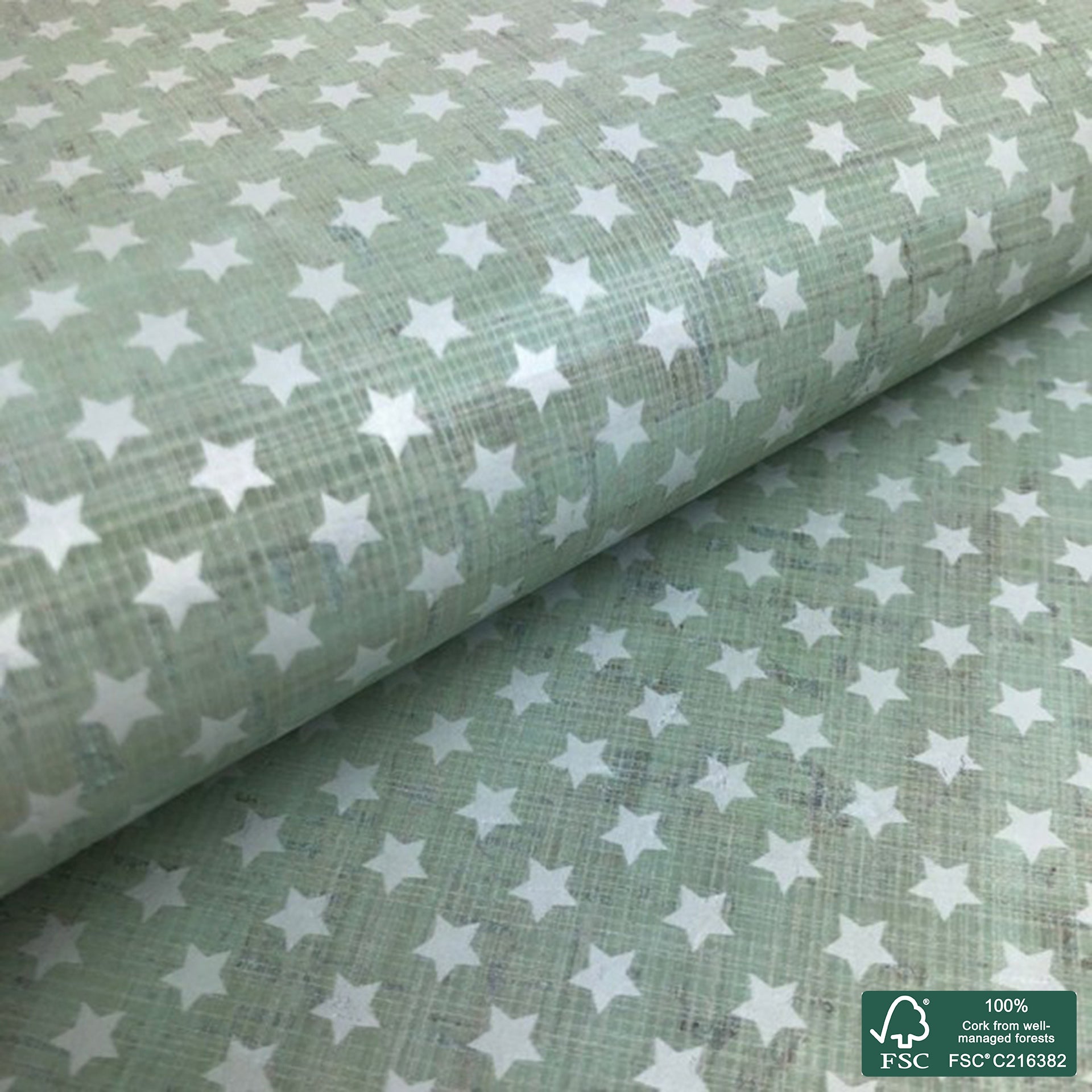 Stars printed pattern on green aqua cork fabric (146)