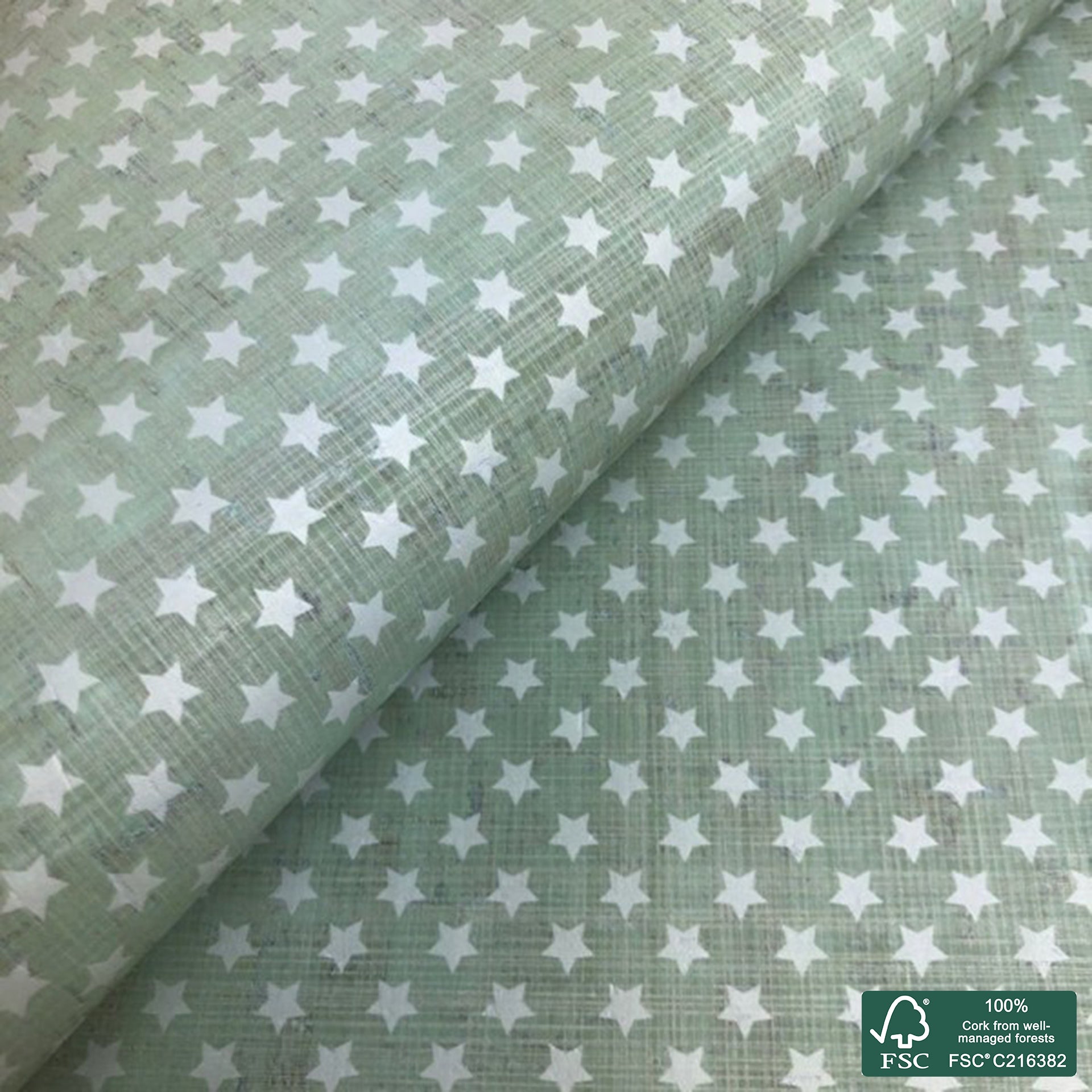 Stars printed pattern on green aqua cork fabric (146)