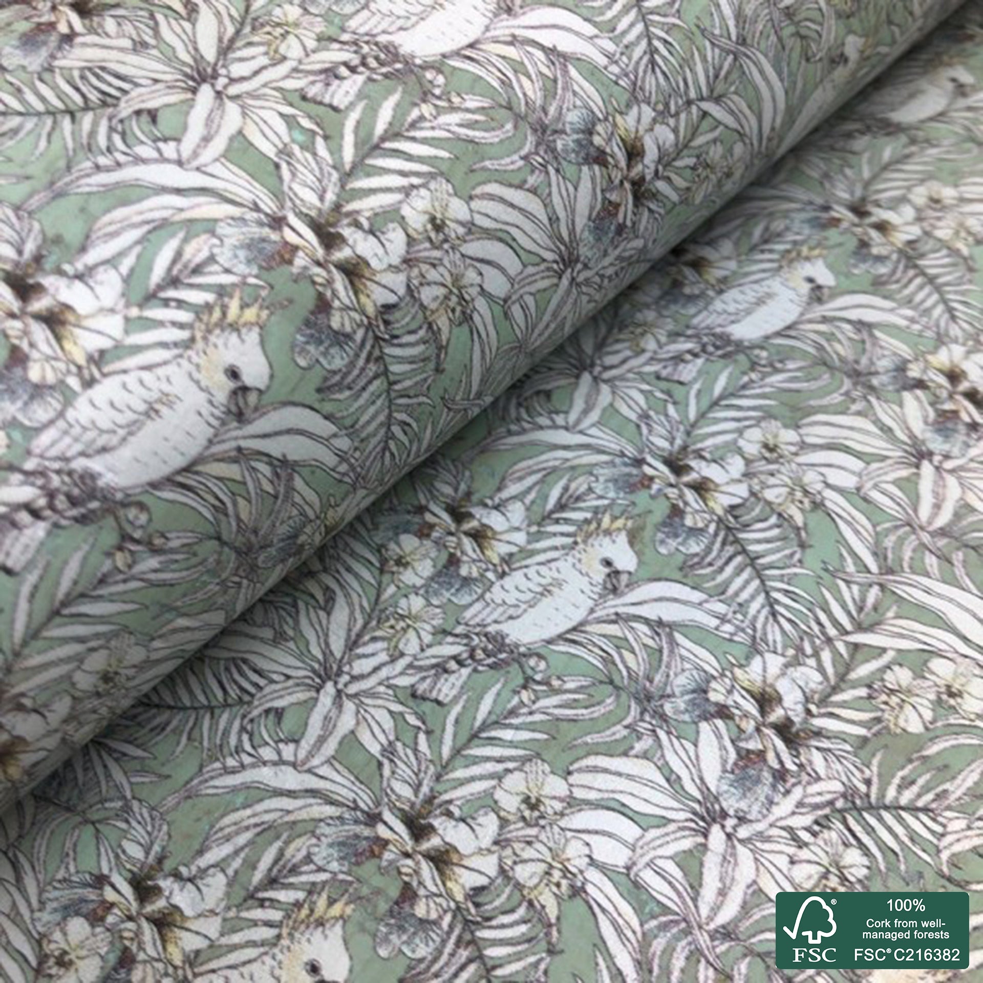 Parrot printed pattern on green aqua cork fabric (151)