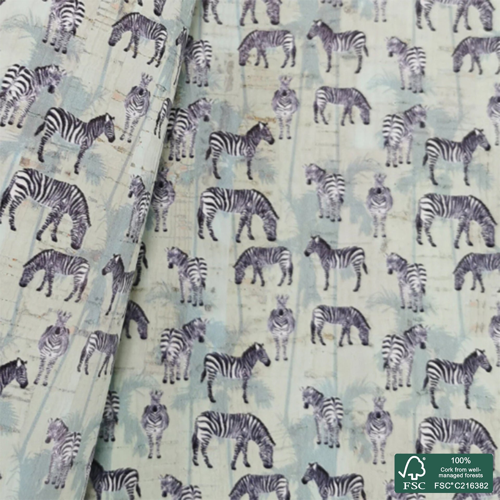 Zebra printed pattern on green aqua cork fabric (168)
