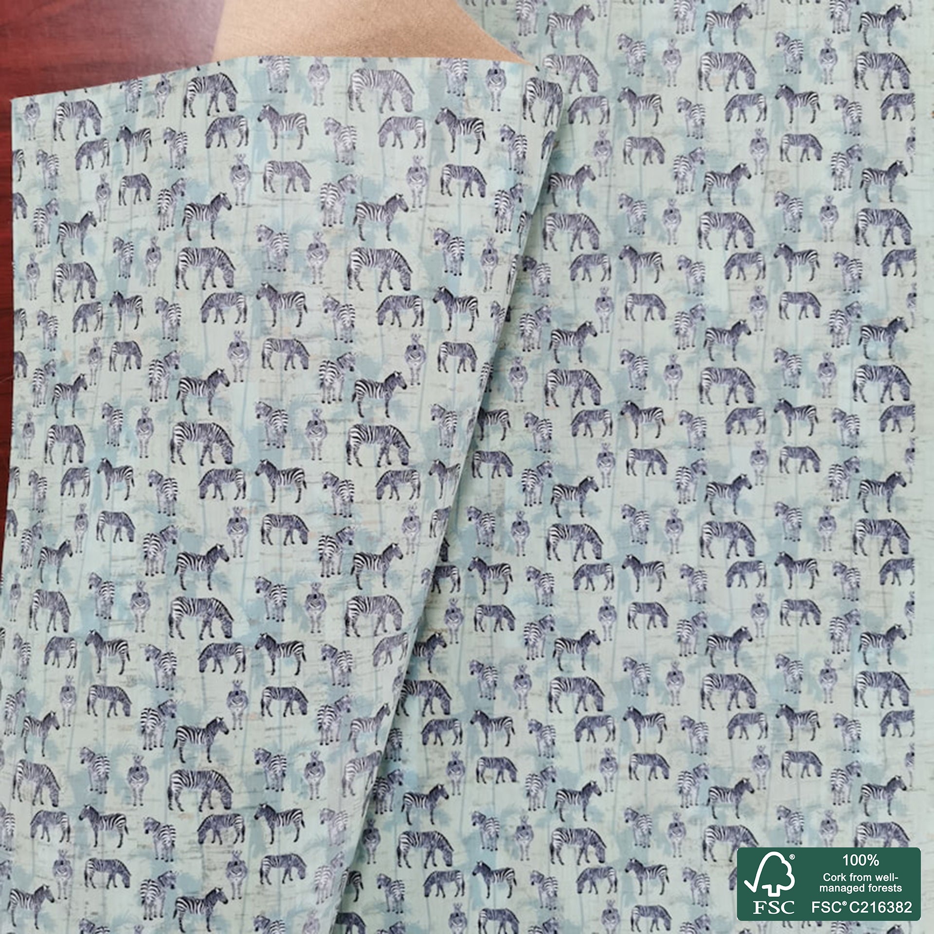 Zebra printed pattern on green aqua cork fabric (168)