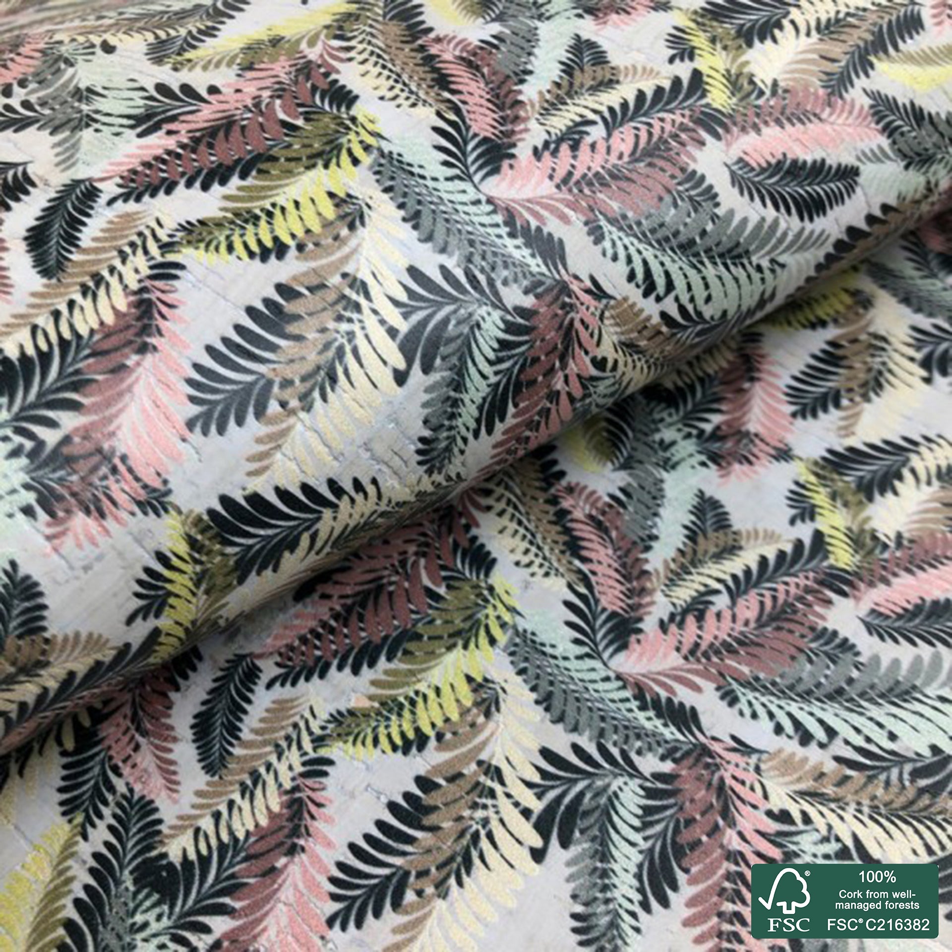 Leaves printed pattern on light gray cork fabric (148)