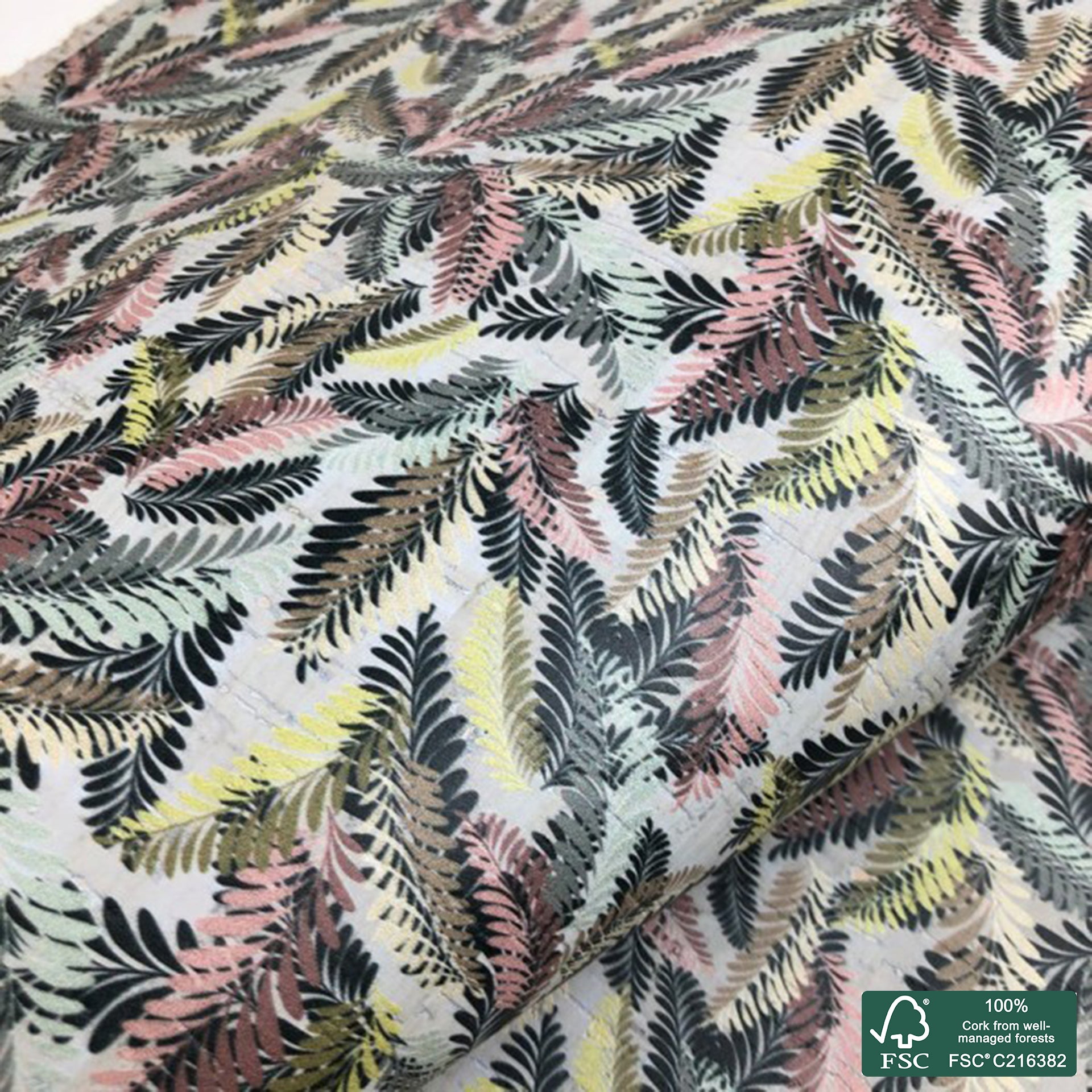 Leaves printed pattern on light gray cork fabric (148)