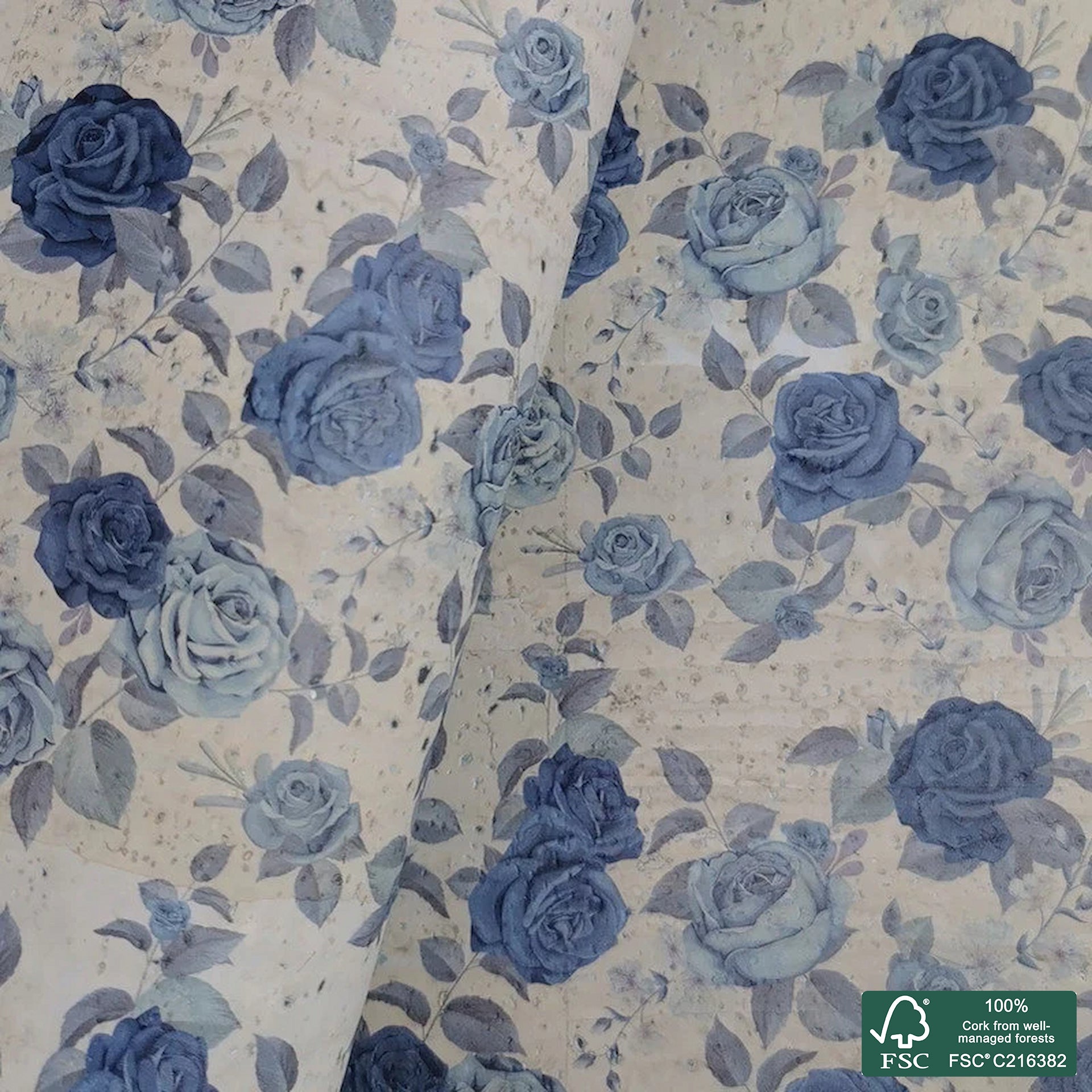 Roses printed pattern on gray cork fabric (304)