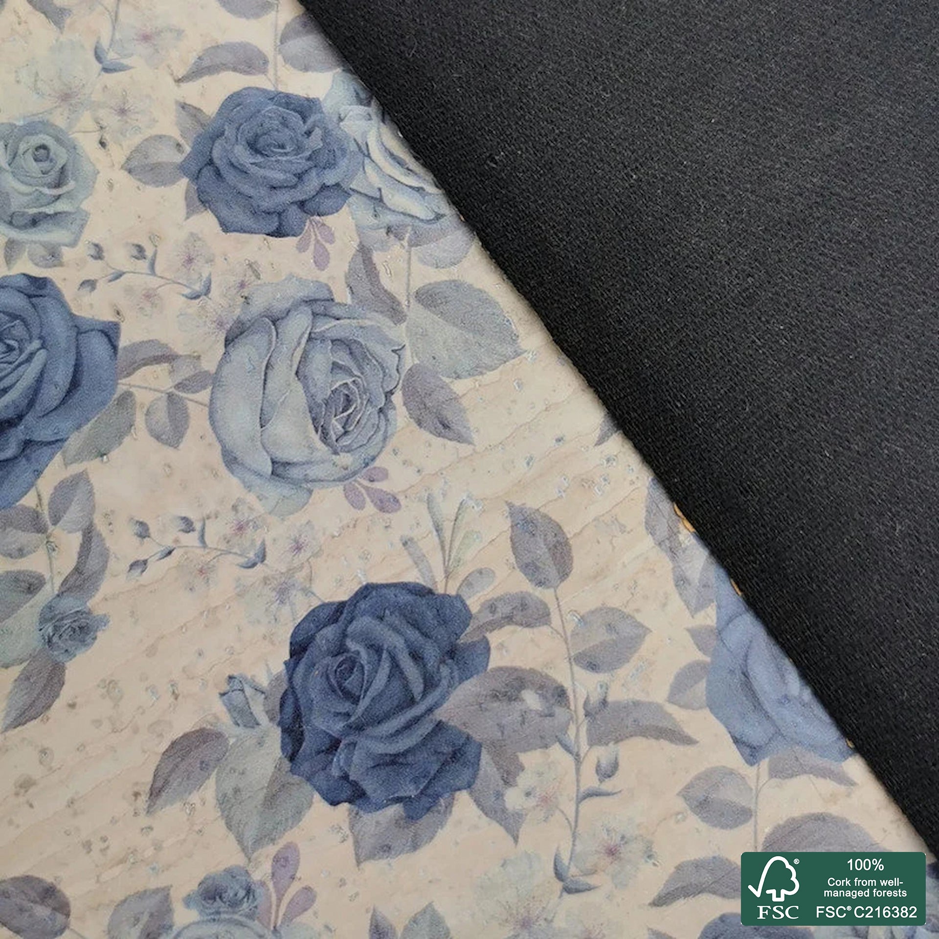 Roses printed pattern on gray cork fabric (304)