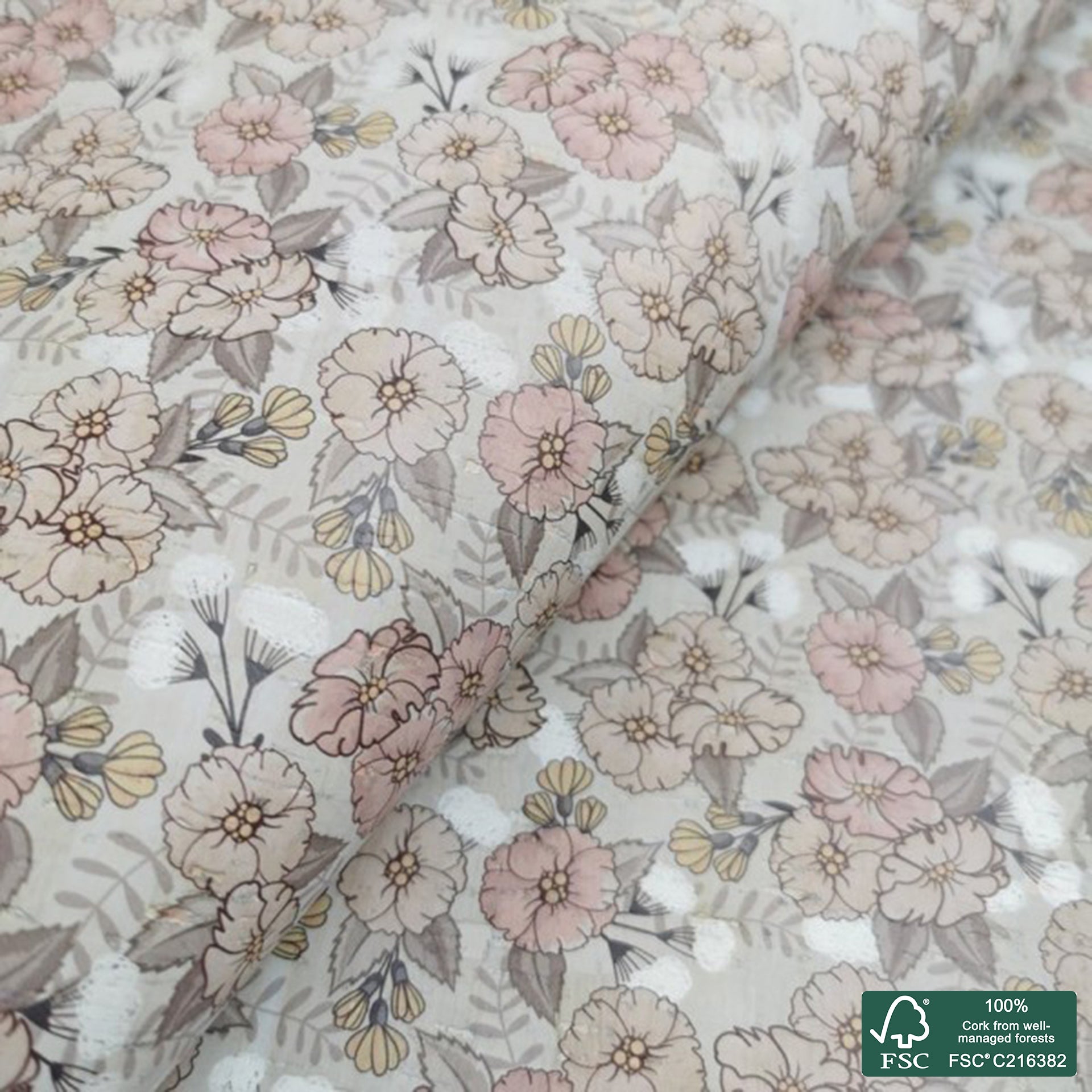 Flowers printed pattern on light gray cork fabric (420)