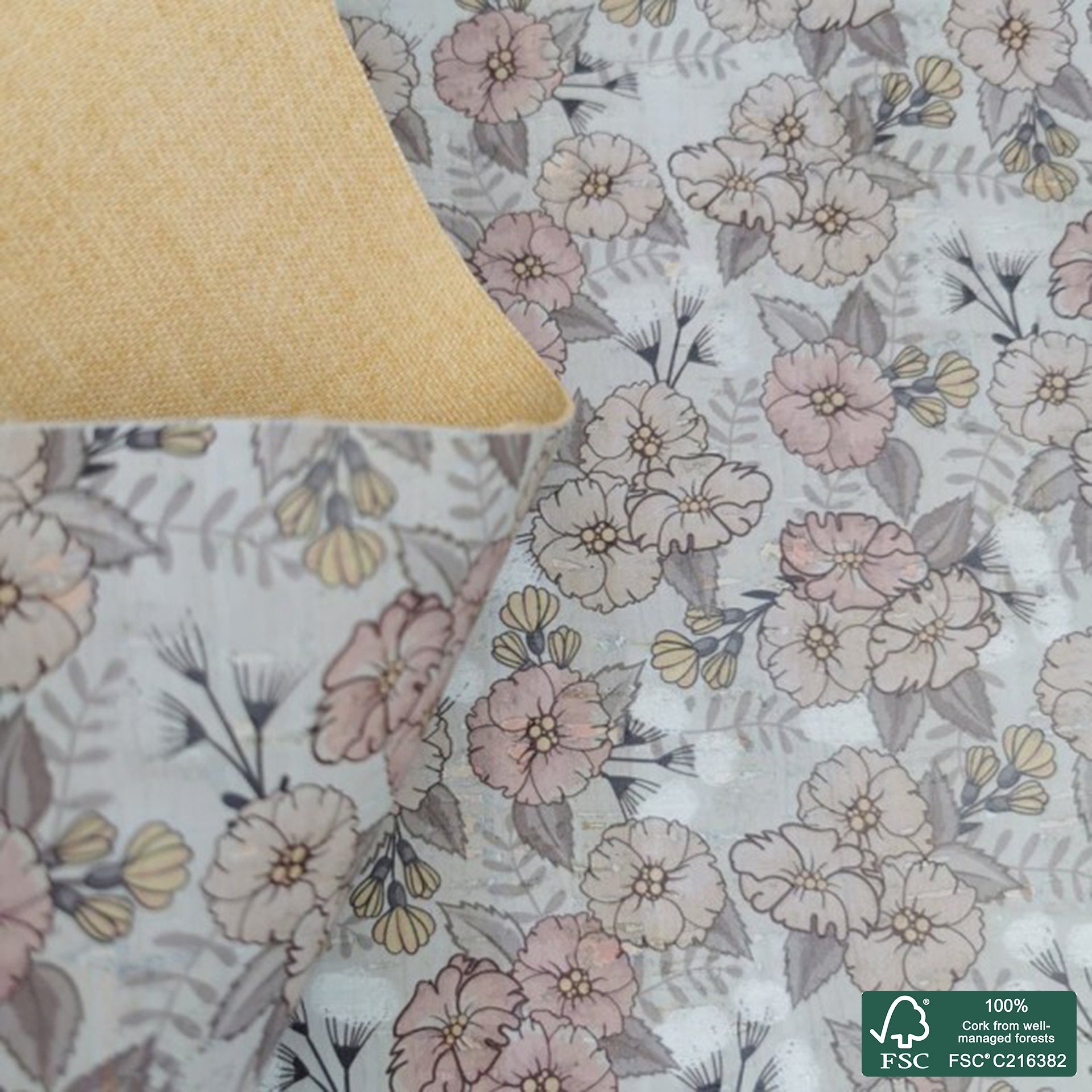 Flowers printed pattern on light gray cork fabric (420)