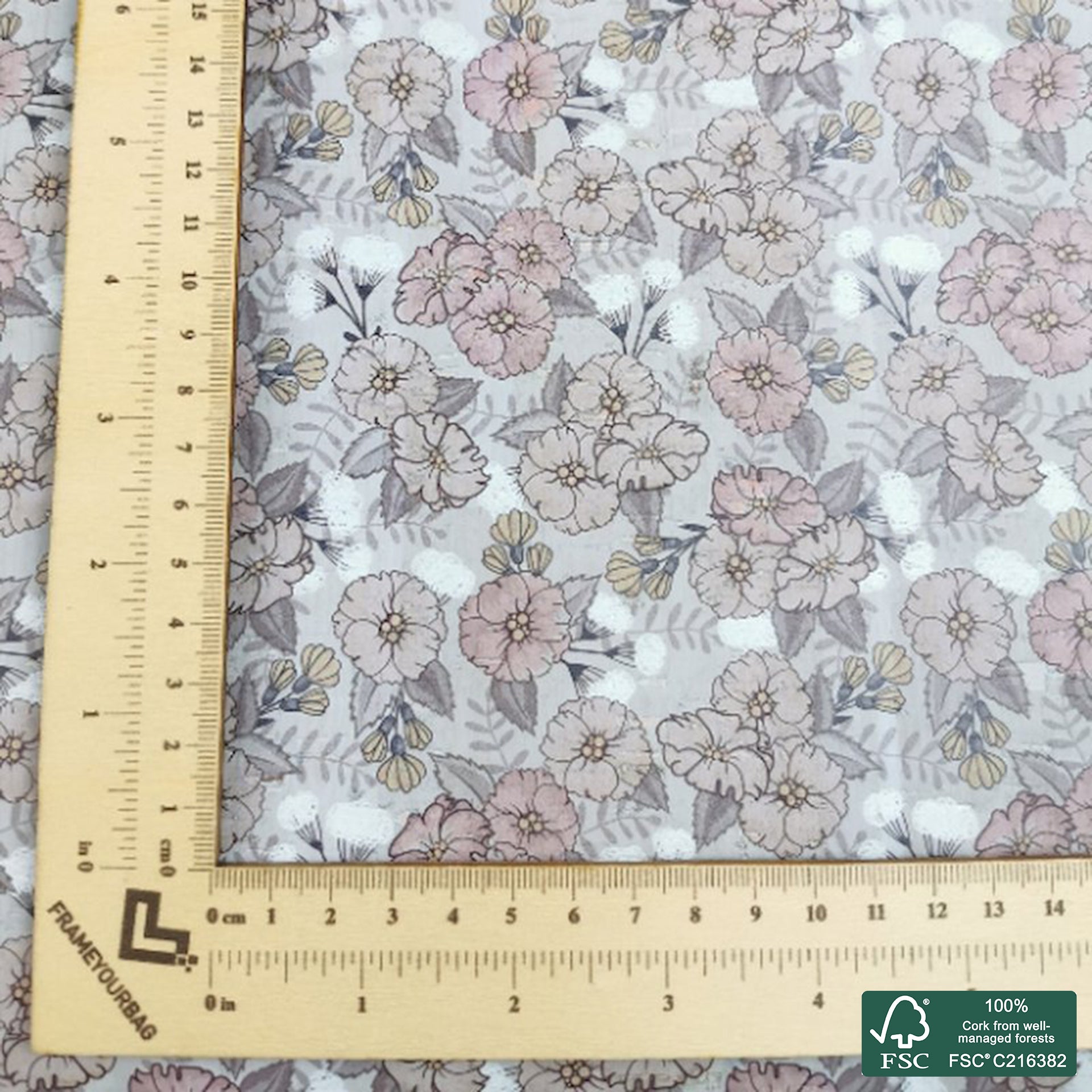 Flowers printed pattern on light gray cork fabric (420)