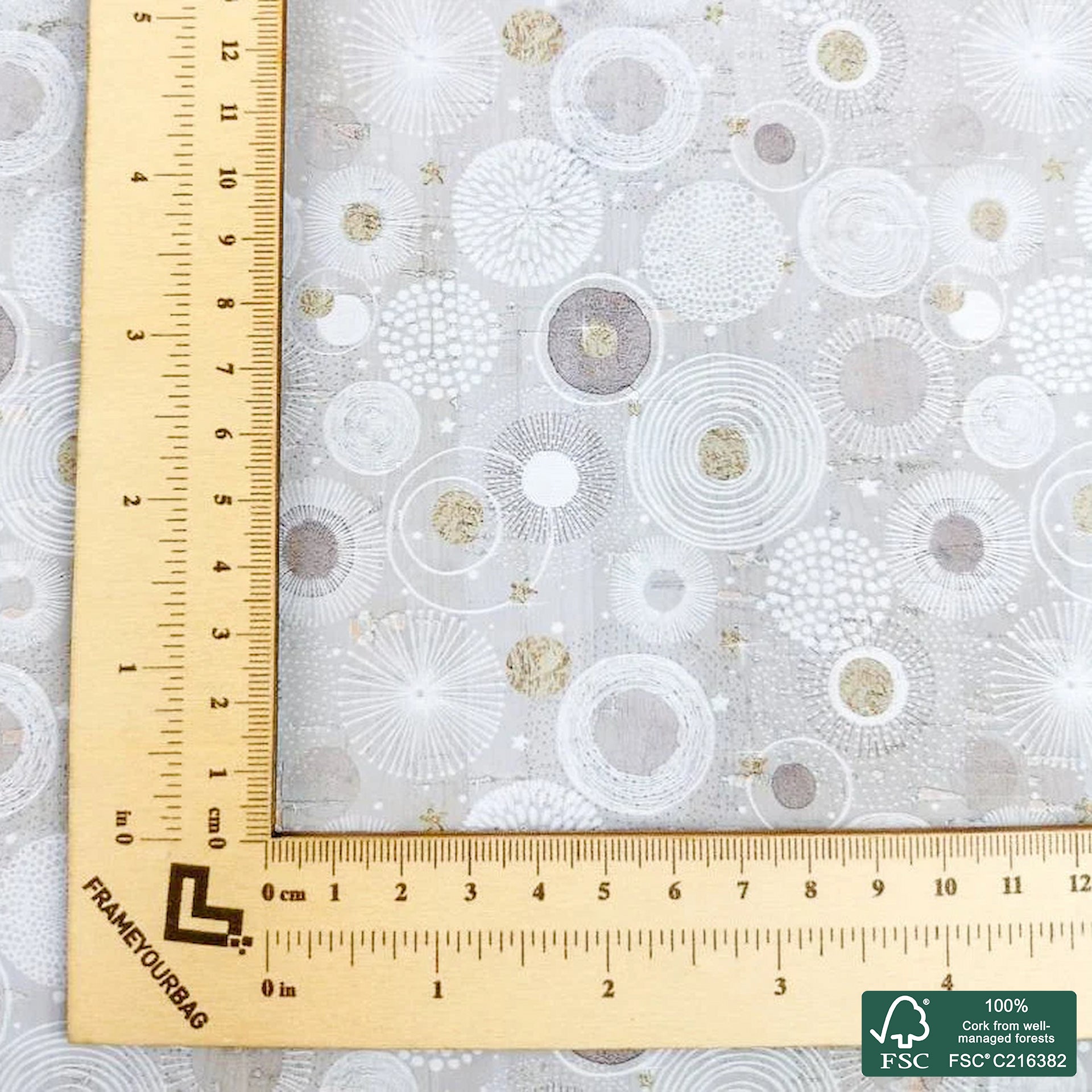 Universe printed pattern on light gray cork fabric (439)