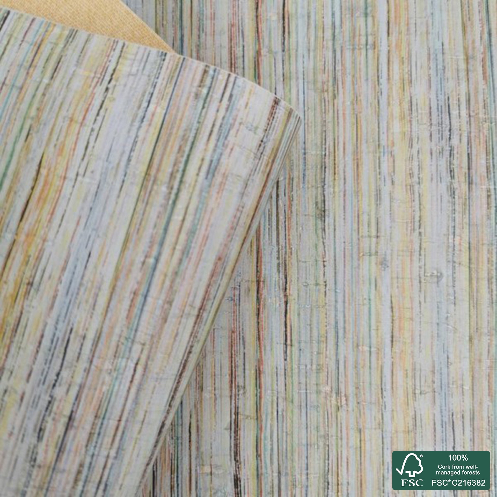 Stripes printed pattern on light gray cork fabric (444)