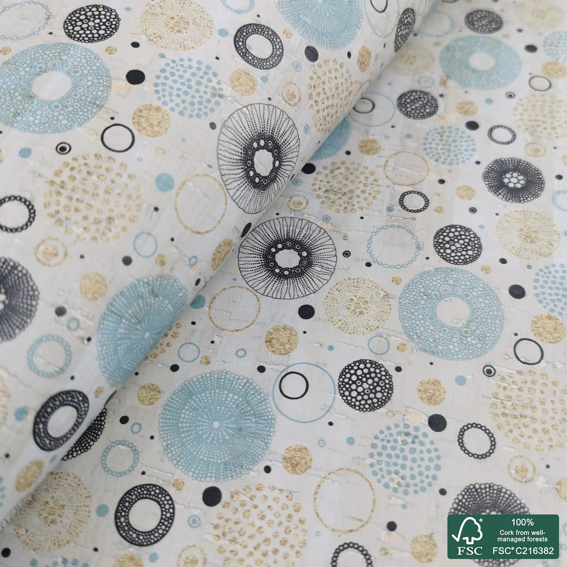 Circles printed pattern on light gray cork fabric (445)