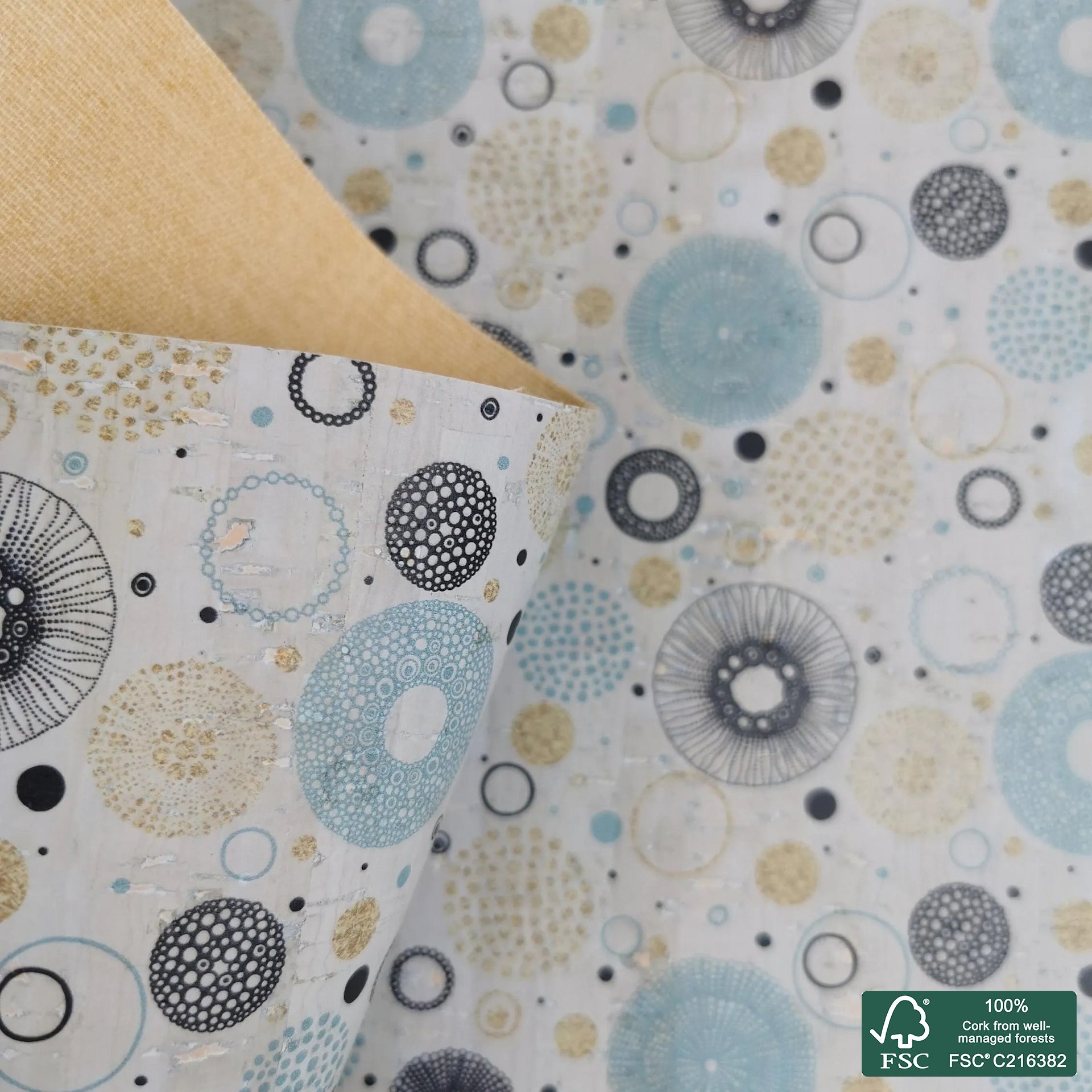 Circles printed pattern on light gray cork fabric (445)