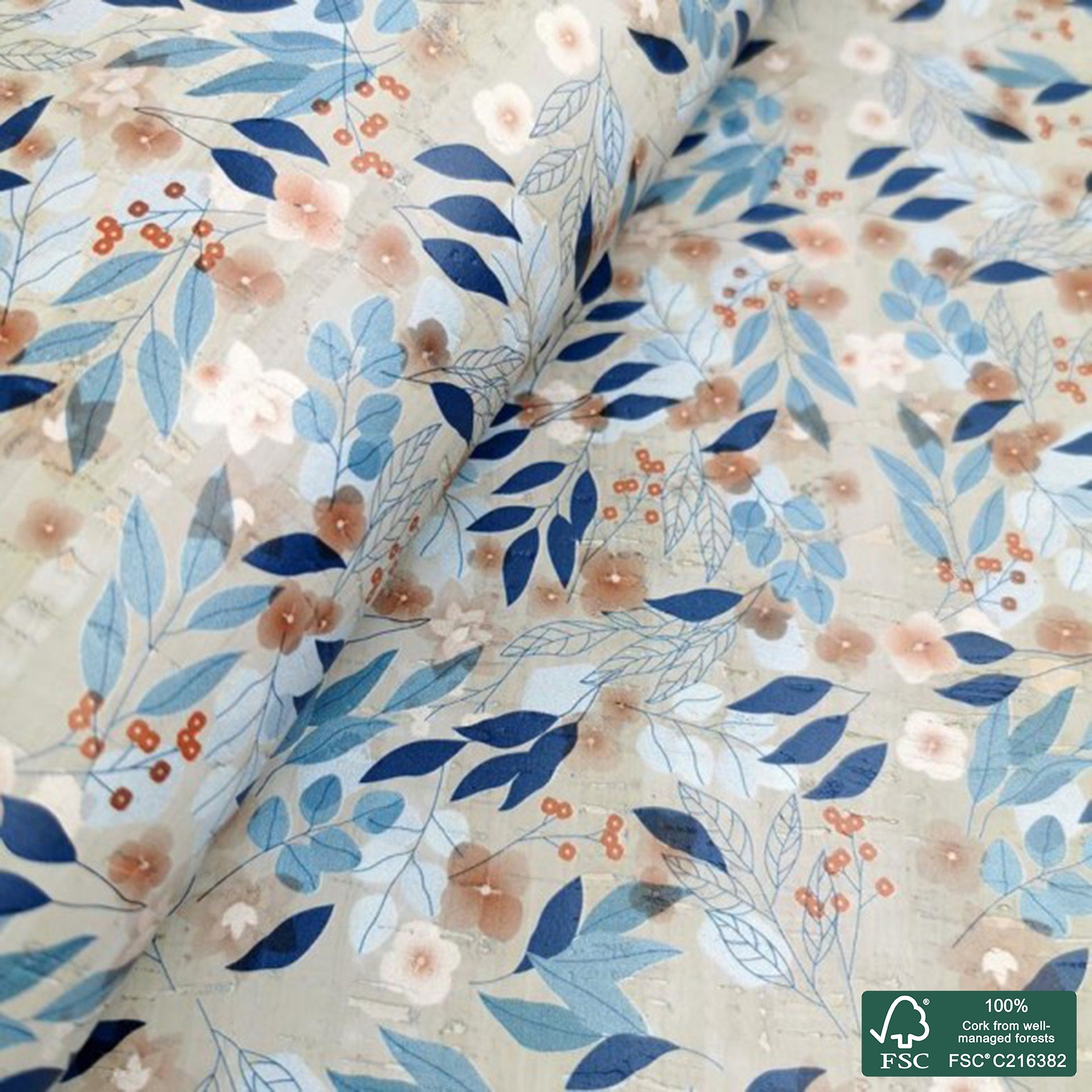 Leaves printed pattern on light gray cork fabric (449)