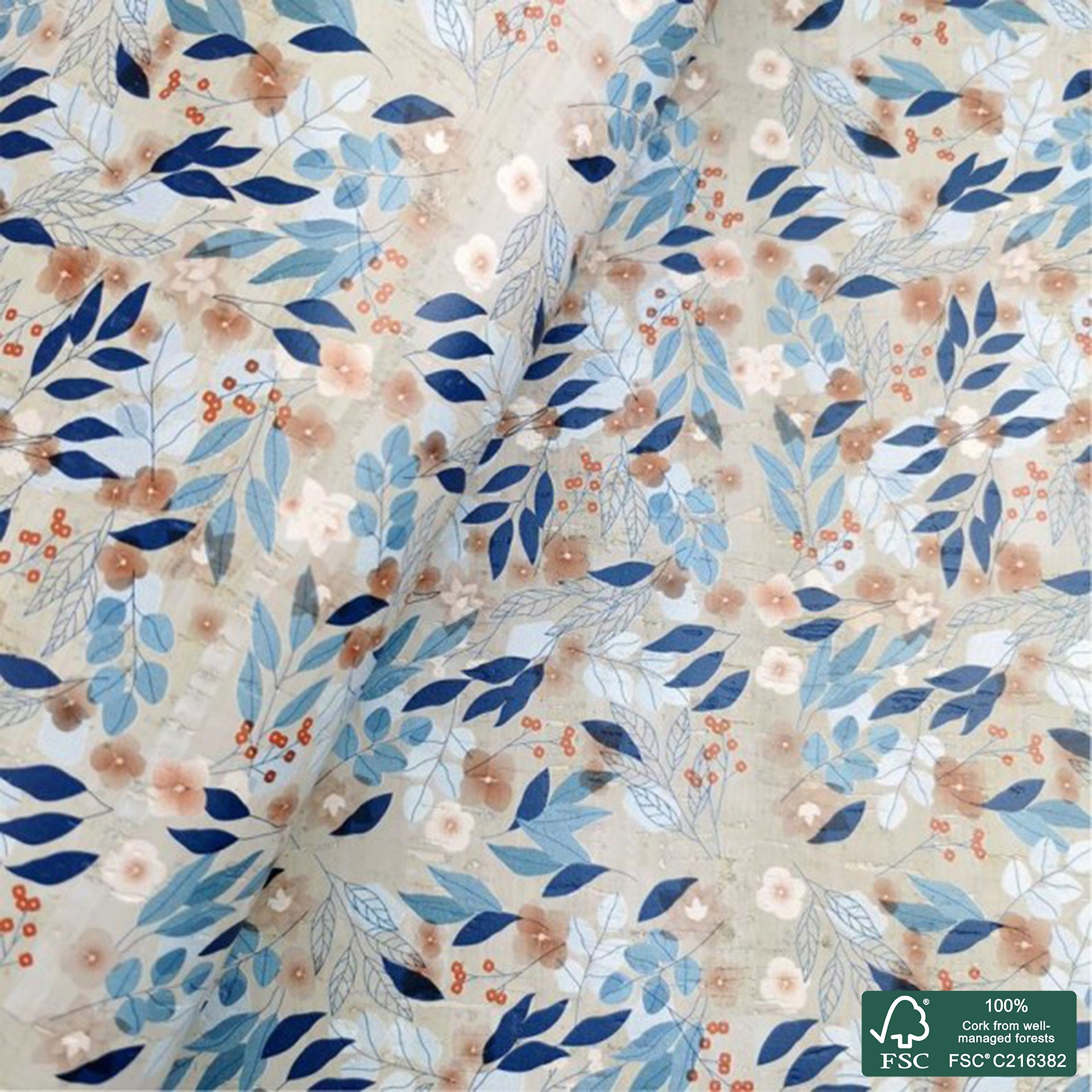 Leaves printed pattern on light gray cork fabric (449)