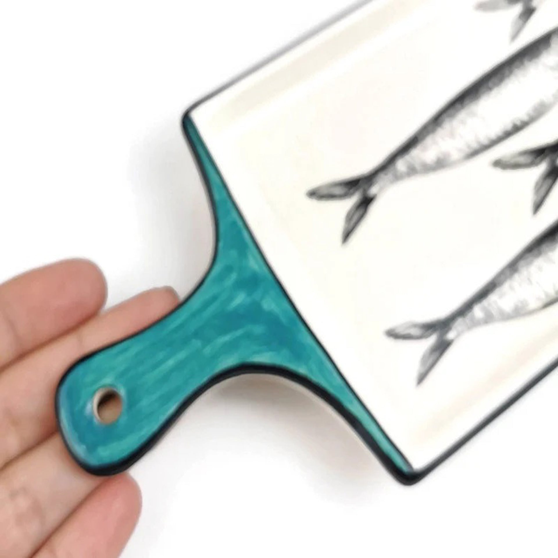 Green aqua portuguese ceramic tray with handle with sardines