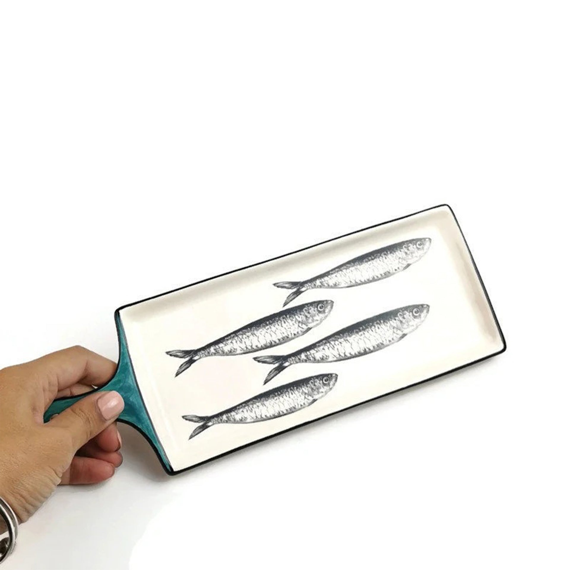 Green aqua portuguese ceramic tray with handle with sardines