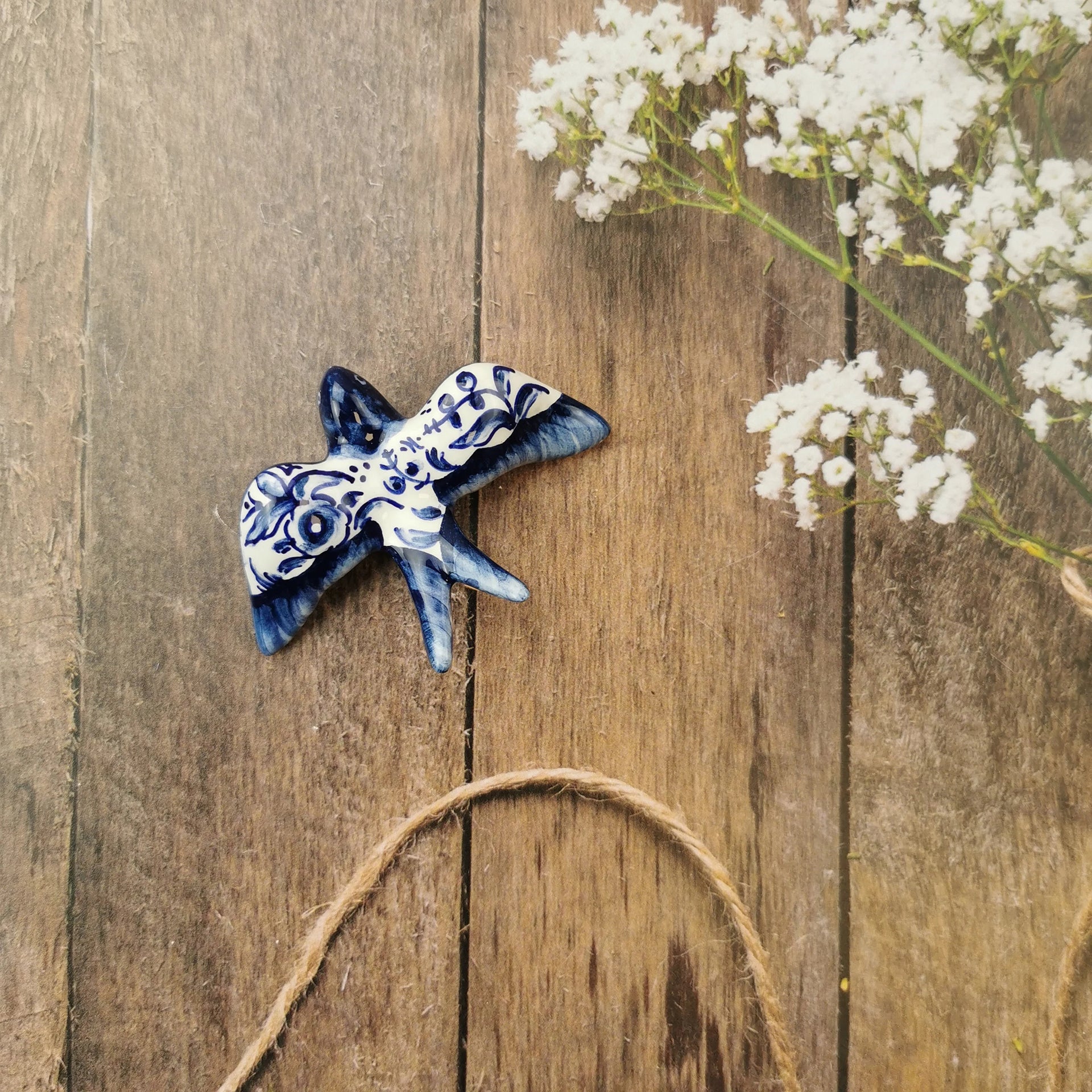 Blue ceramic handpainted swallow for wall decor