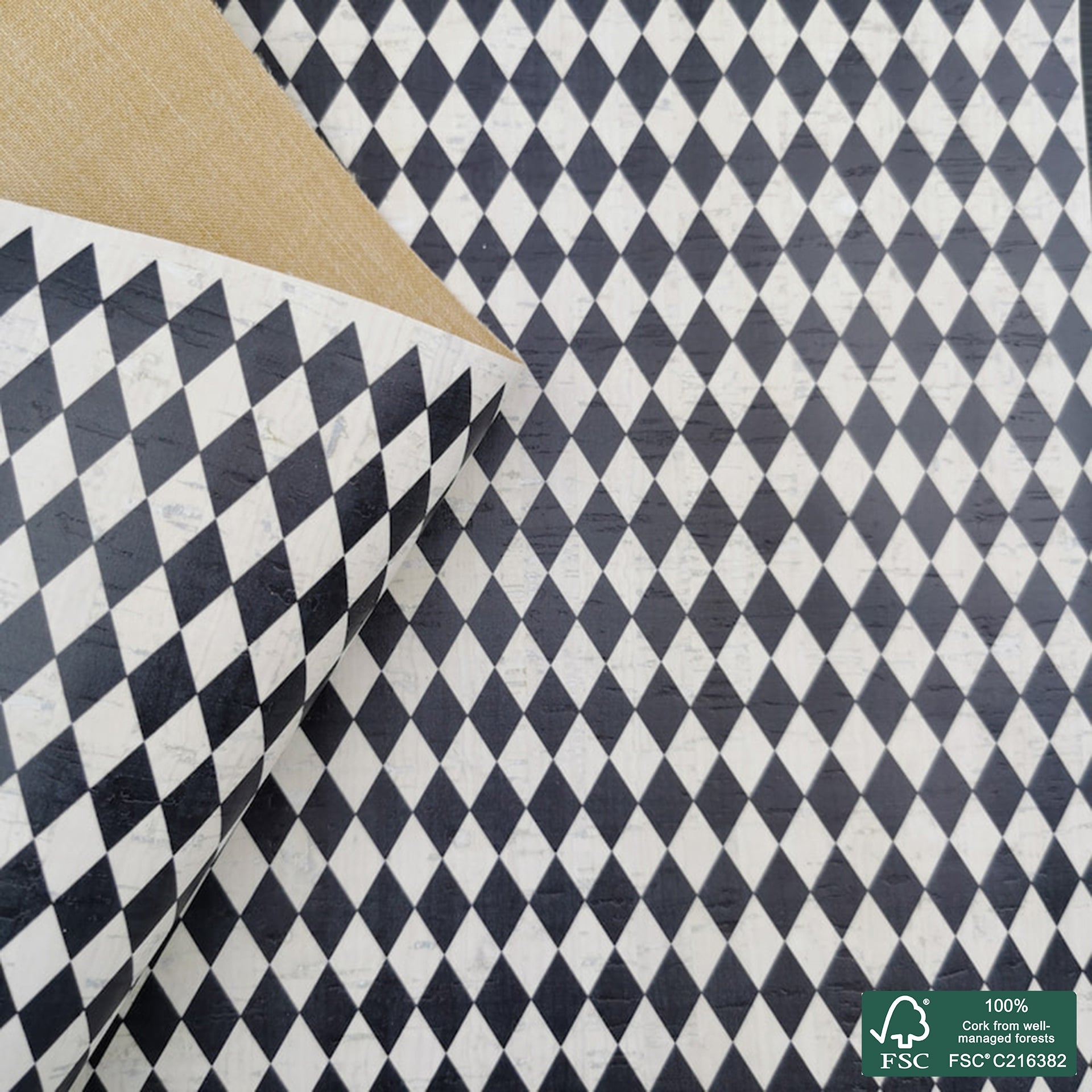 Diamonds printed pattern on white cork fabric (533)