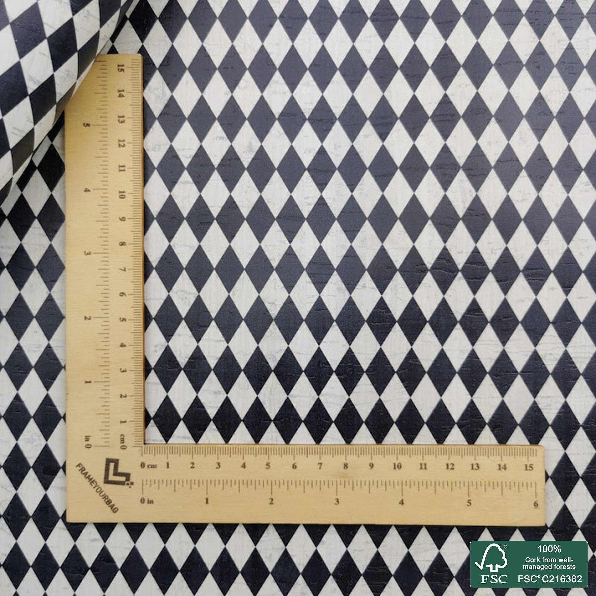 Diamonds printed pattern on white cork fabric (533)