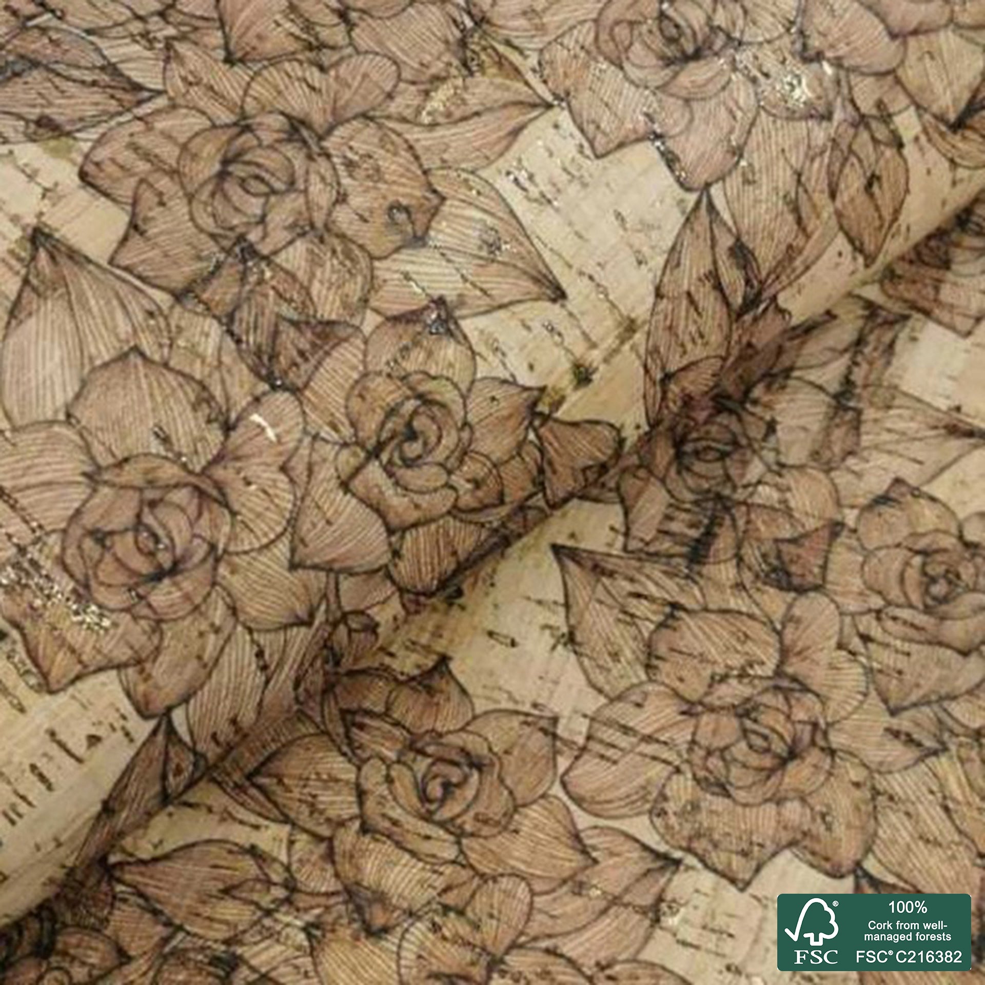 Brown roses printed pattern on natural cork fabric with golden flecks