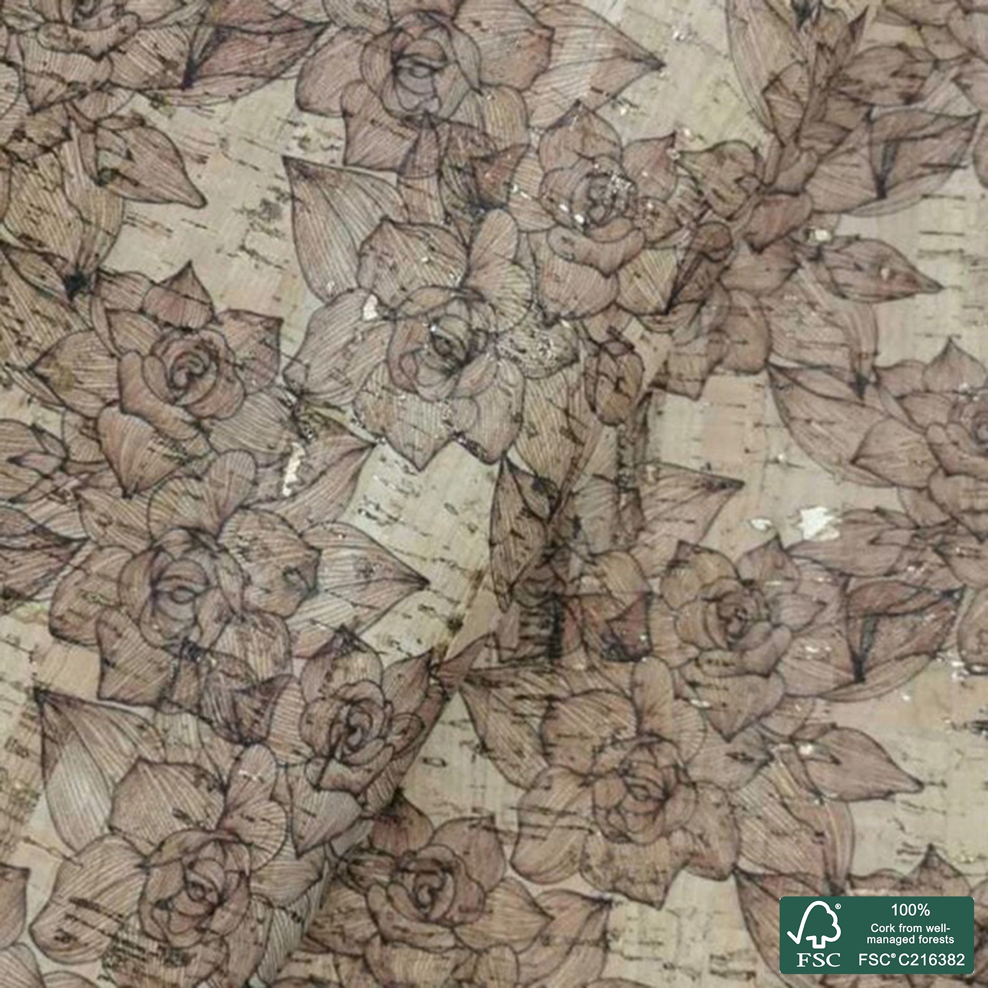Brown roses printed pattern on natural cork fabric with golden flecks