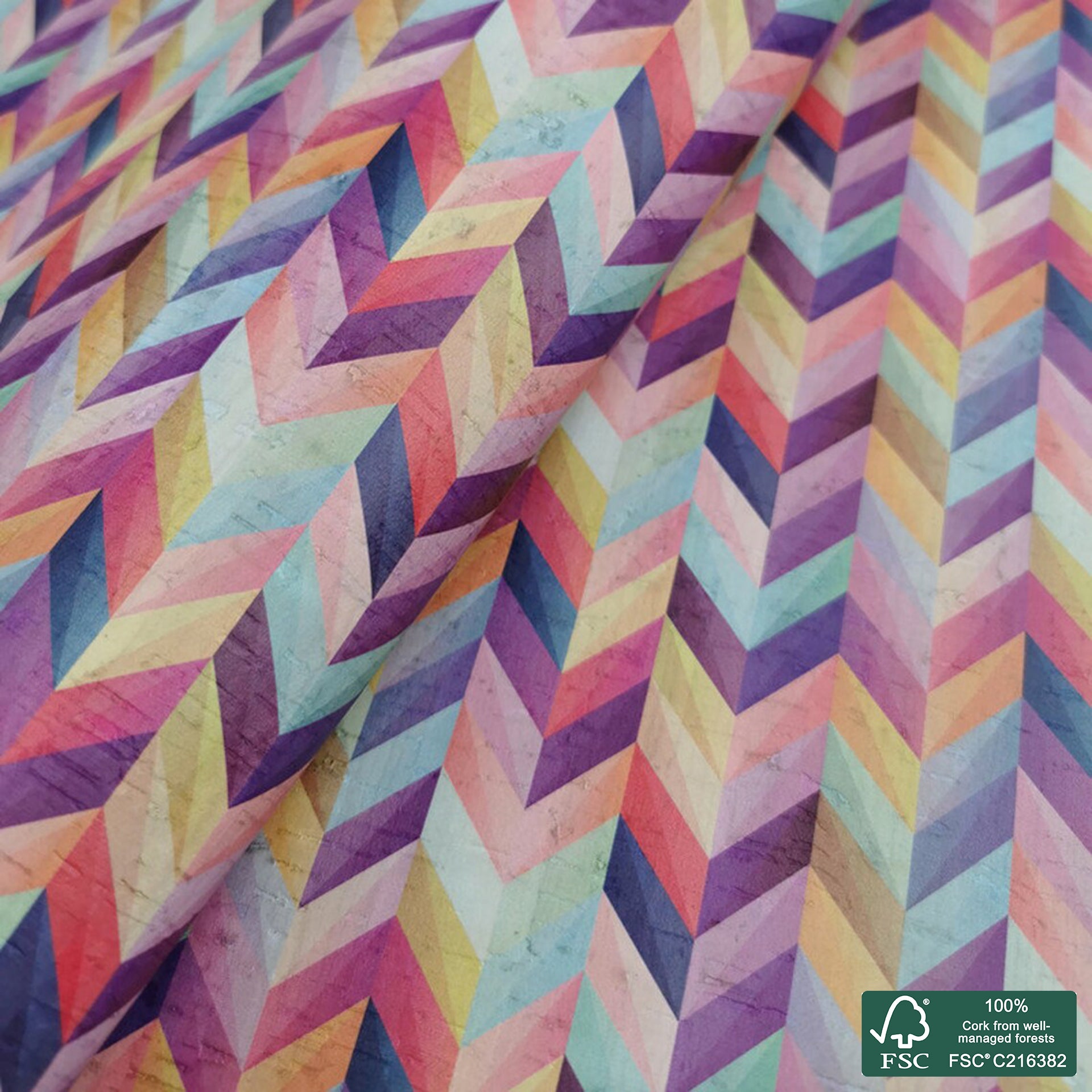 Chevron printed pattern on white cork fabric (264)