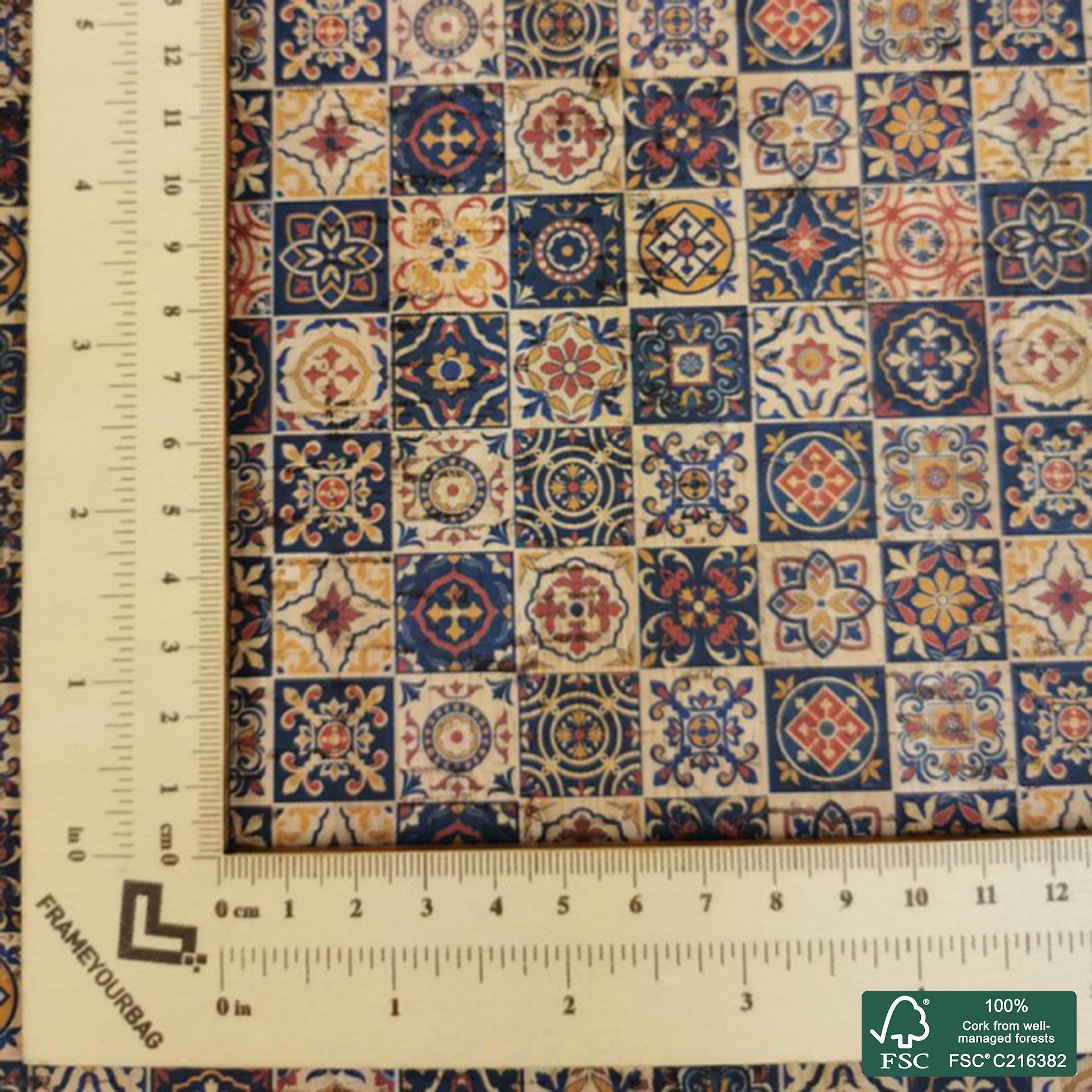 Tiles printed pattern on natural cork fabric (79)
