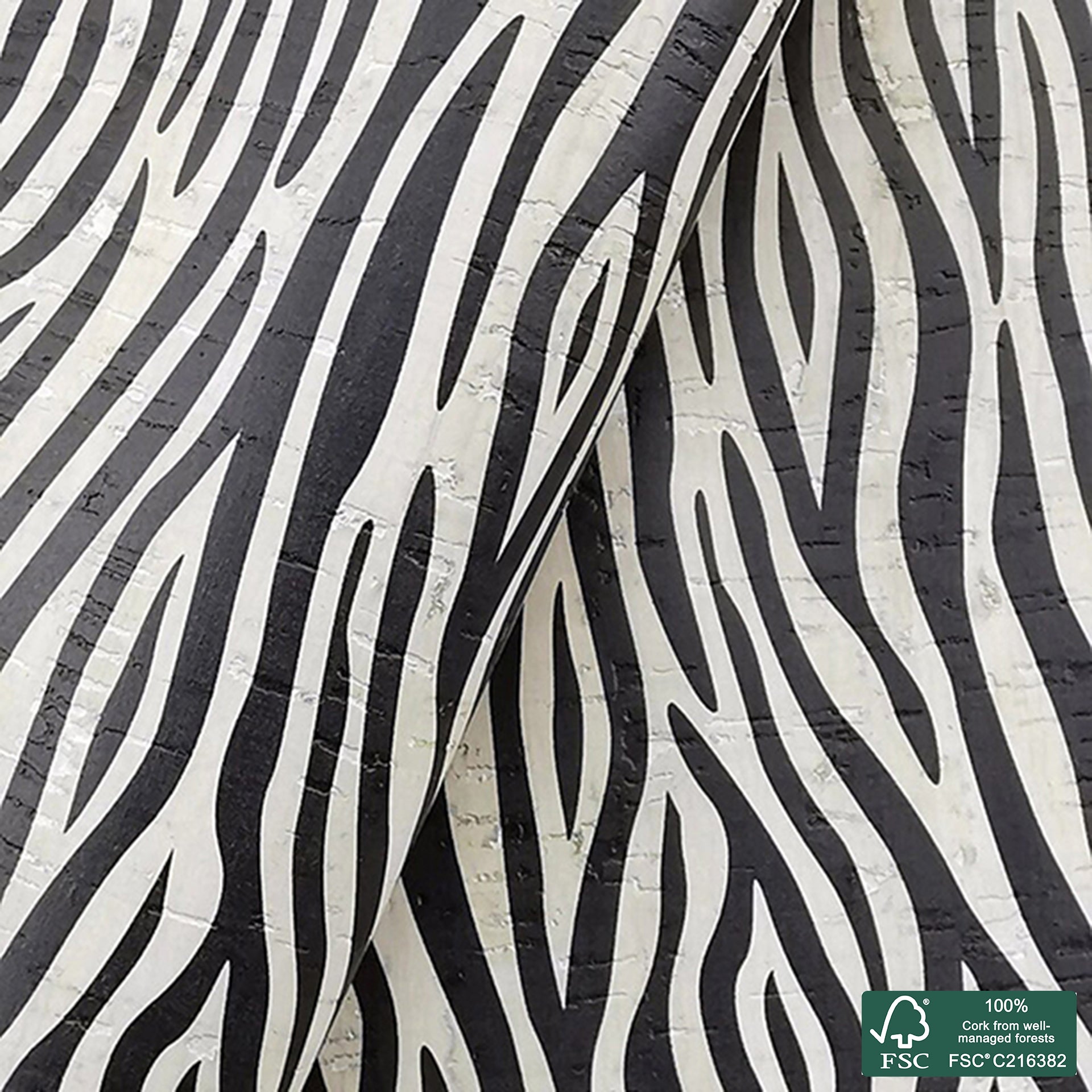 Zebra printed pattern on white cork fabric (408)