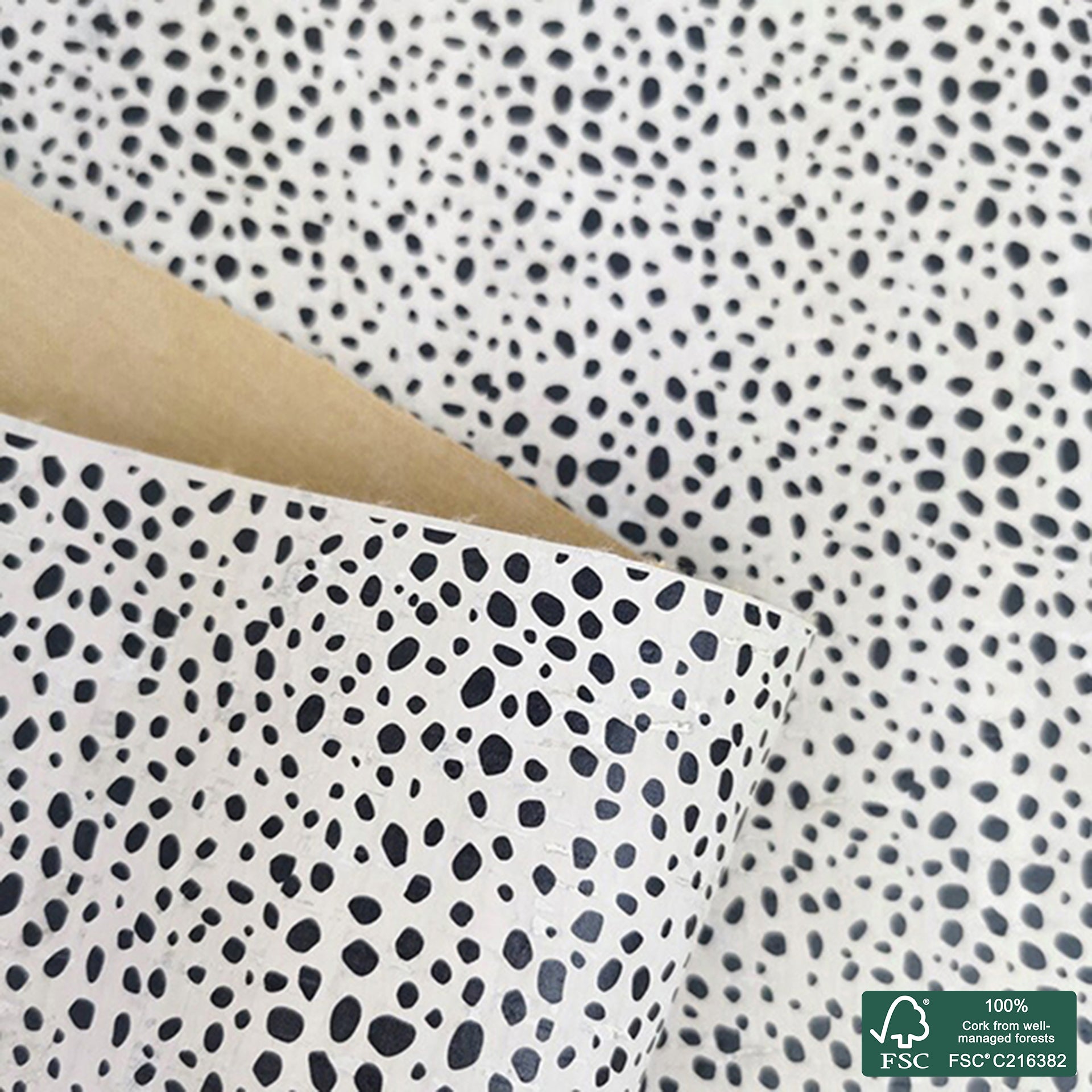 Dalmatian printed pattern on white cork fabric (412)