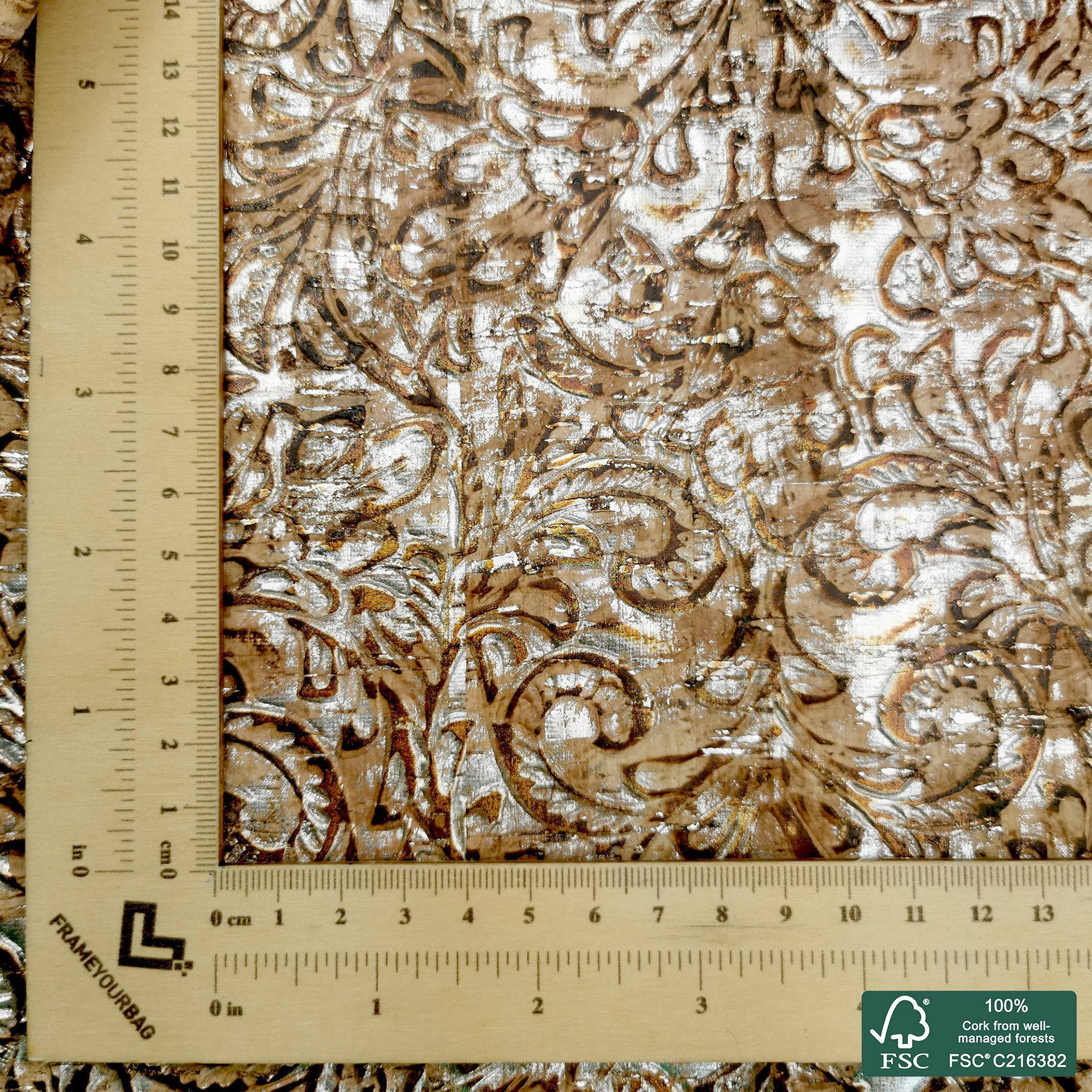 Baroque embossed with silver shinning rustic cork fabric