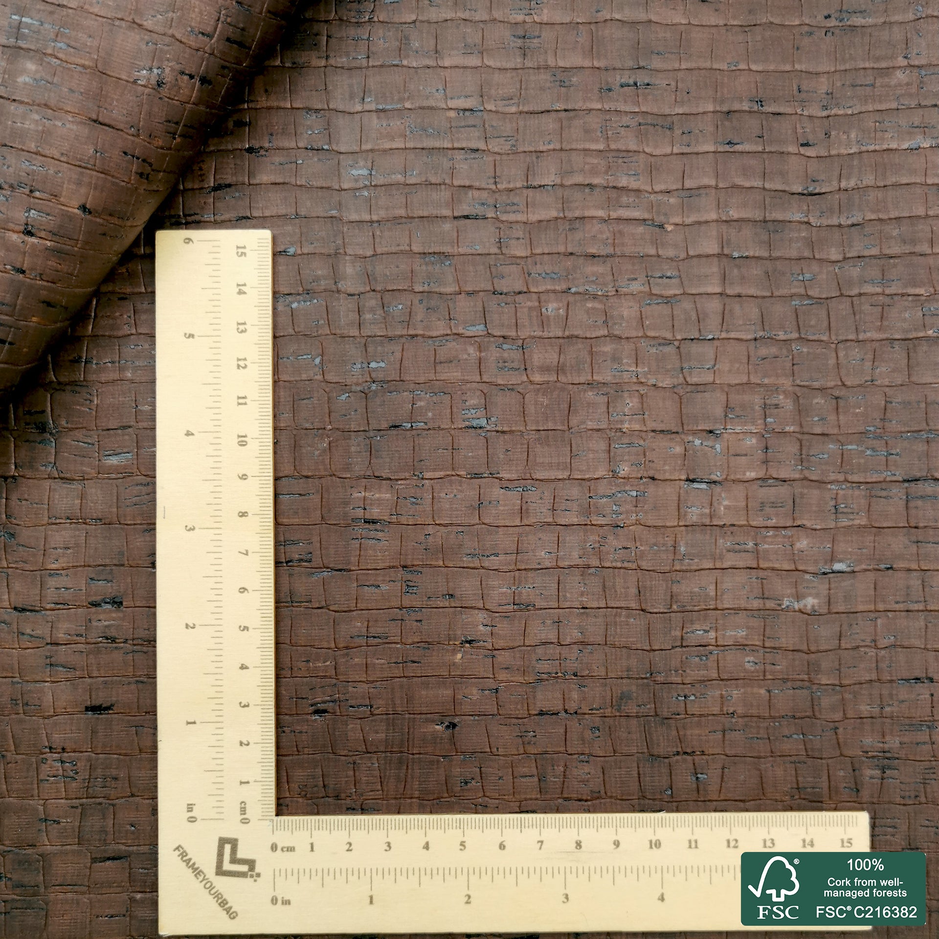 Brown crocodile embossed rustic cork fabric