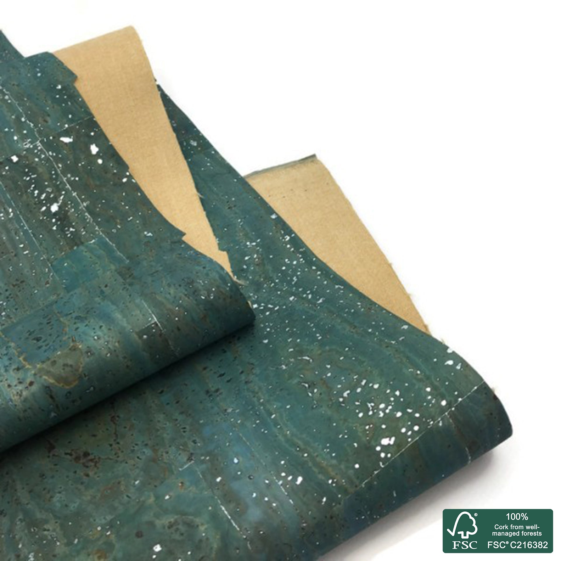 Petroleum blue superior with silver flecks cork fabric