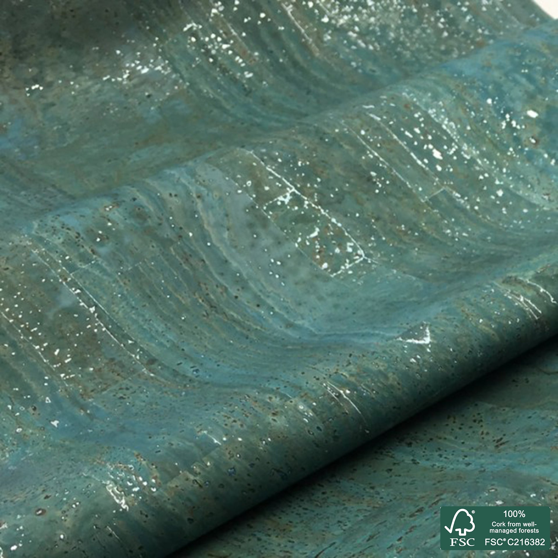 Petroleum blue superior with silver flecks cork fabric