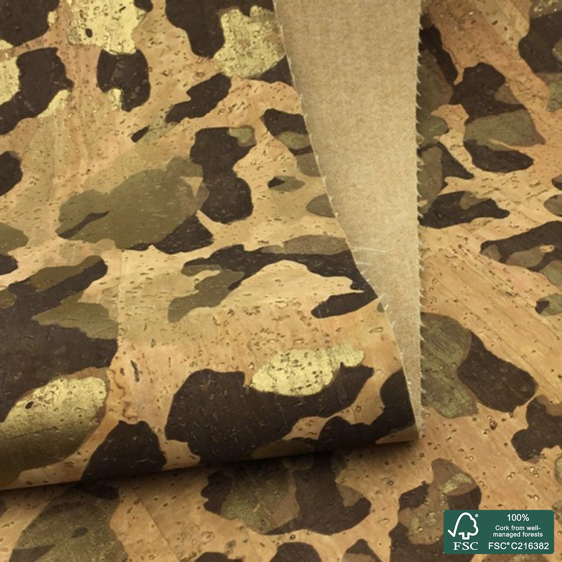 Camouflage with golden sublimated pattern on natural superior cork fabric