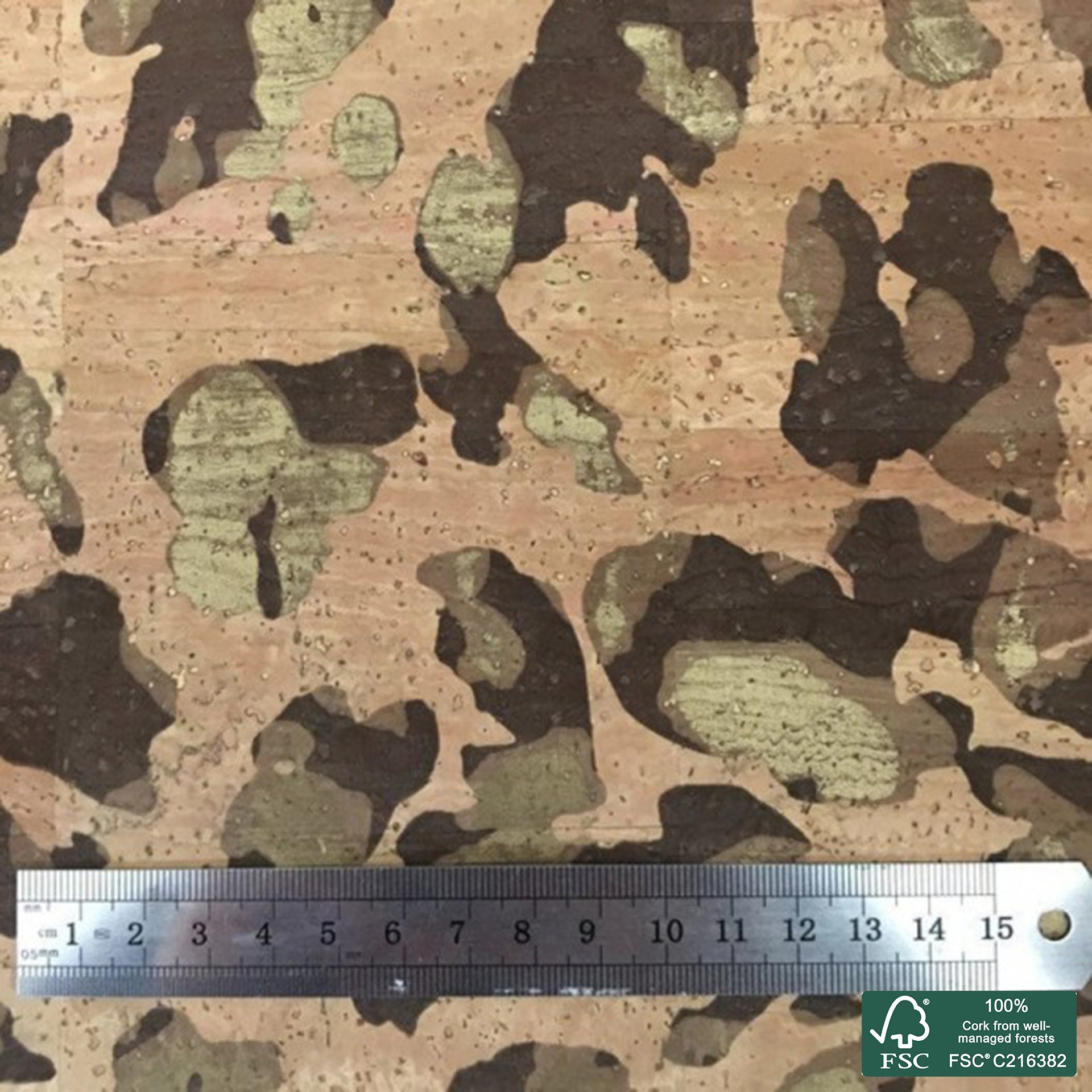 Camouflage with golden sublimated pattern on natural superior cork fabric