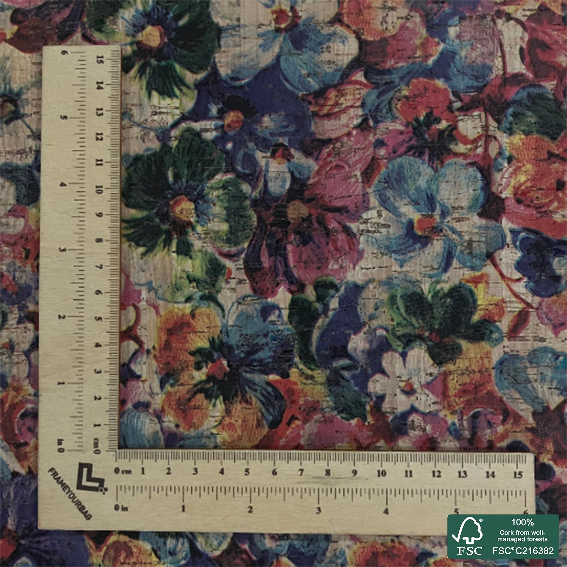 Big flowers sublimated pattern on natural rustic cork fabric