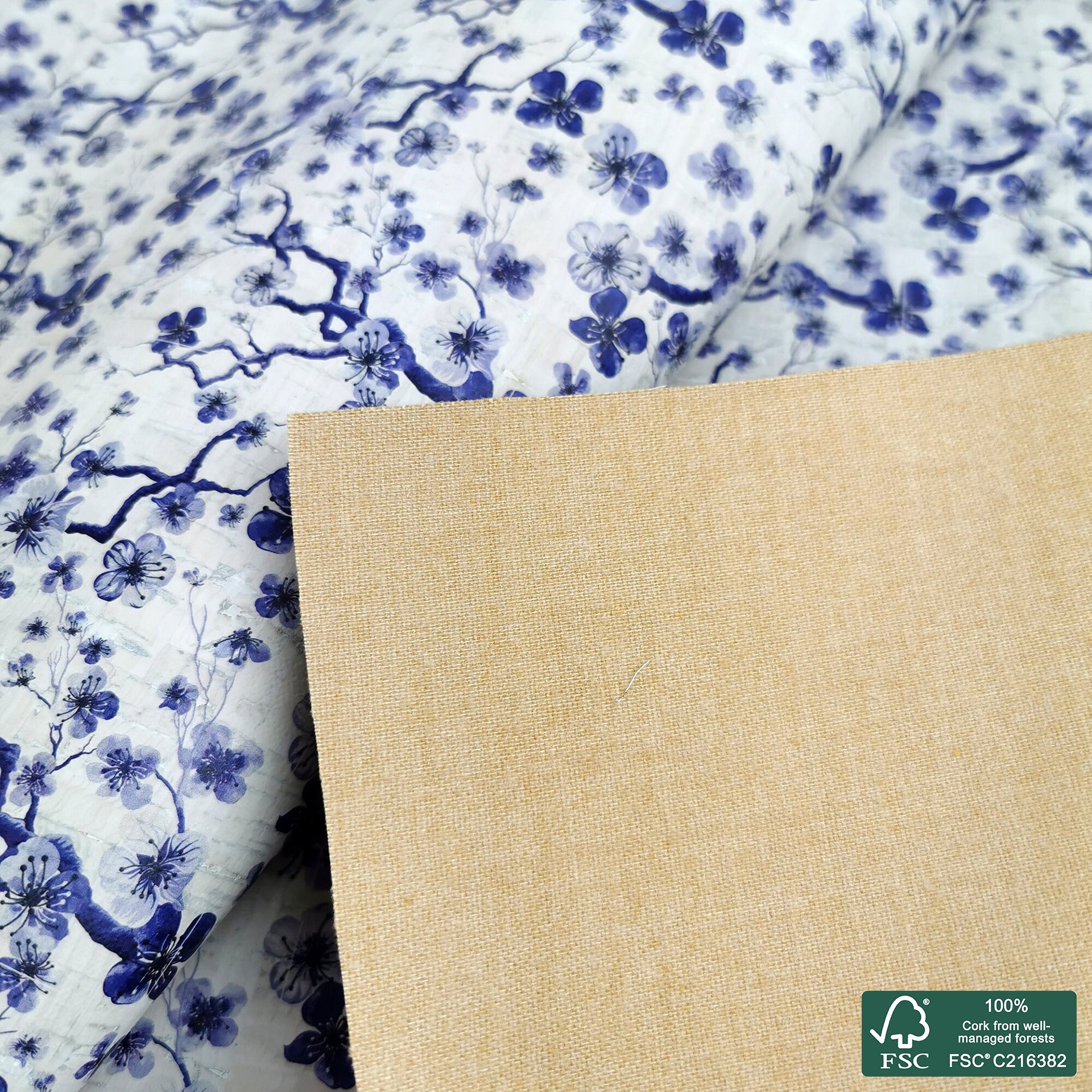 Blue flowers printed pattern on white cork fabric (416)