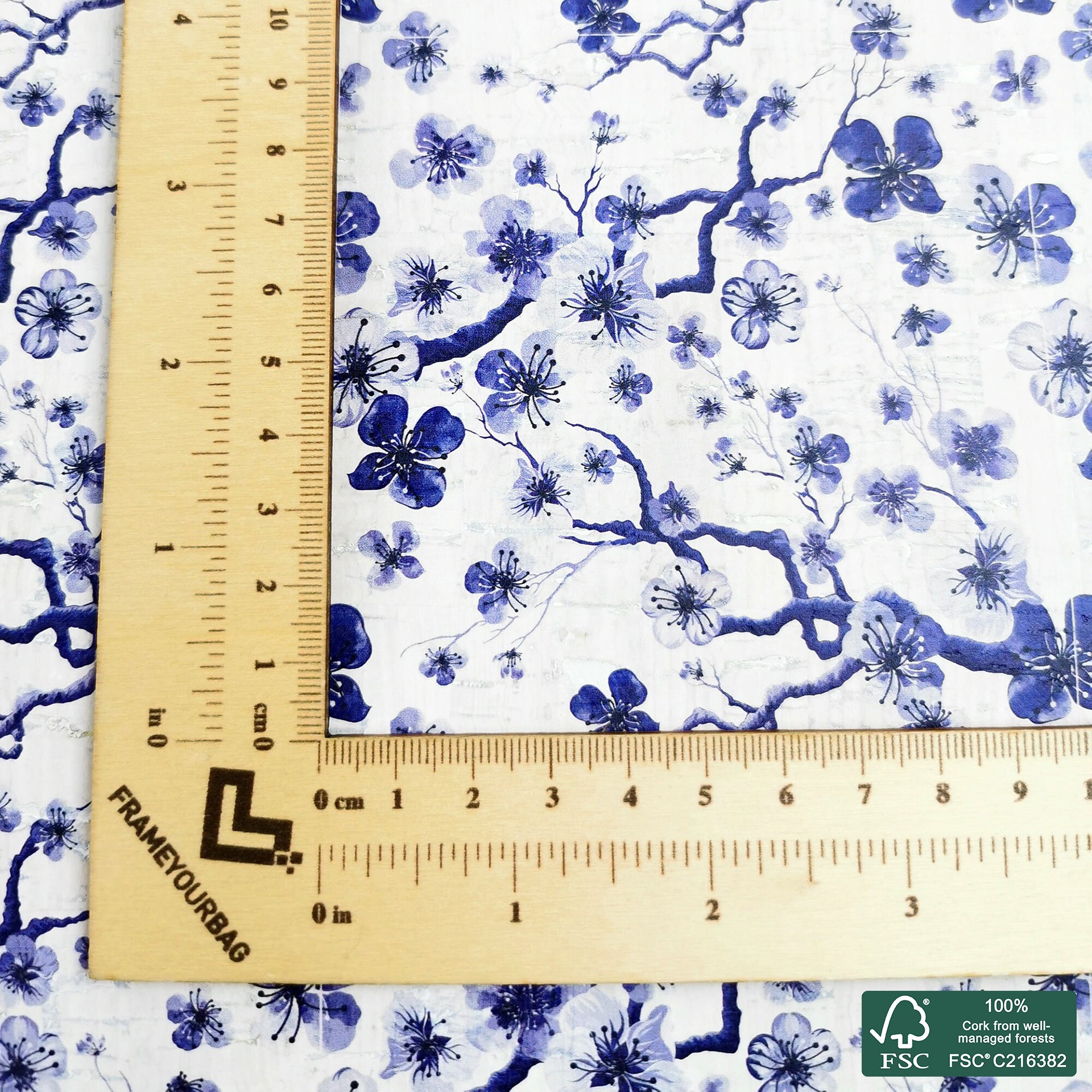 Blue flowers printed pattern on white cork fabric (416)
